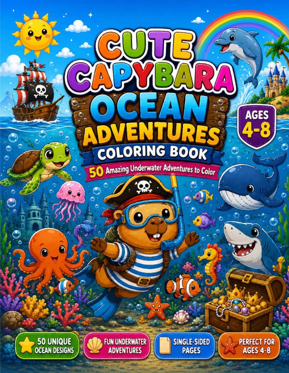 Cute Capybara Ocean Adventures Coloring Book: 50 Amazing Underwater Adventures to Color