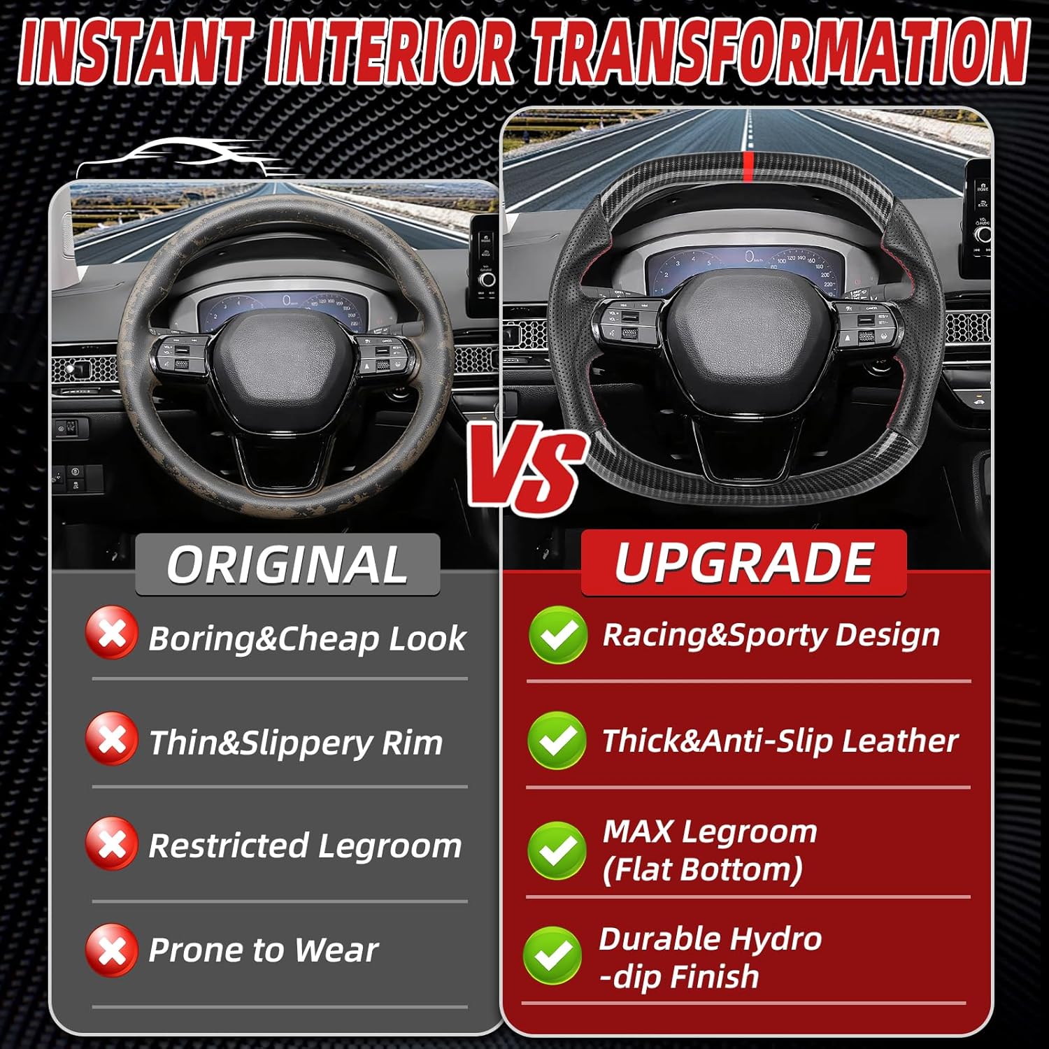 Carbon Fiber Style Steering Wheel for Honda Civic 11th Gen 2022-2026 Si Type R FL5, Integra Acura 2023-2026, F1 Racing Double Flat Shape, Red Stitching Hydro Dip Glossy Finish, No Heating