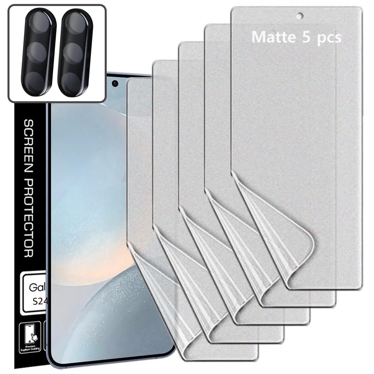 Photo 1 of [5+2] 5 Anti-glare(matte) TPU film Screen protector + 2 Lens Protector compatible with Samsung Galaxy S24 5G 2024 Easy to Install TPU Film screen protector Scratch Resistant [Perfect Fit for 3D edge