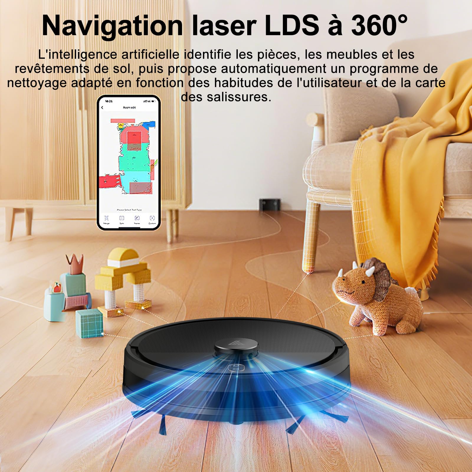 Robot Aspirapolvere Lavapavimenti con Mappatura LiDAR Navigation 5000Pa | Protezione anticaduta, Automatico 120Mins, 2 in 1 Pulizia Personalizzata, Precisione nell'Evita Ostacoli, WiFi/App/Alexa-Nero