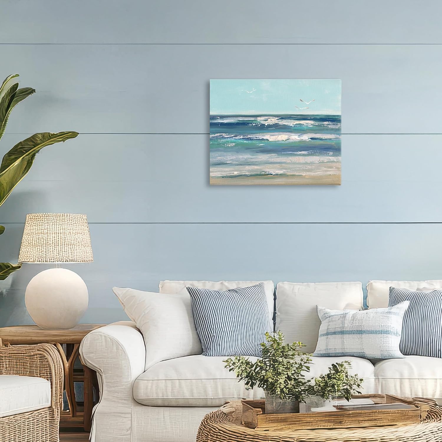 Stupell Industries Seagulls Over Rolling Waves, Calm Coastal Seascape Wall Art for Dining Room, 16 x 20 Inch Gallery Wrapped Canvas Wall Art, by Sally Swatland, Made in USA Gift
