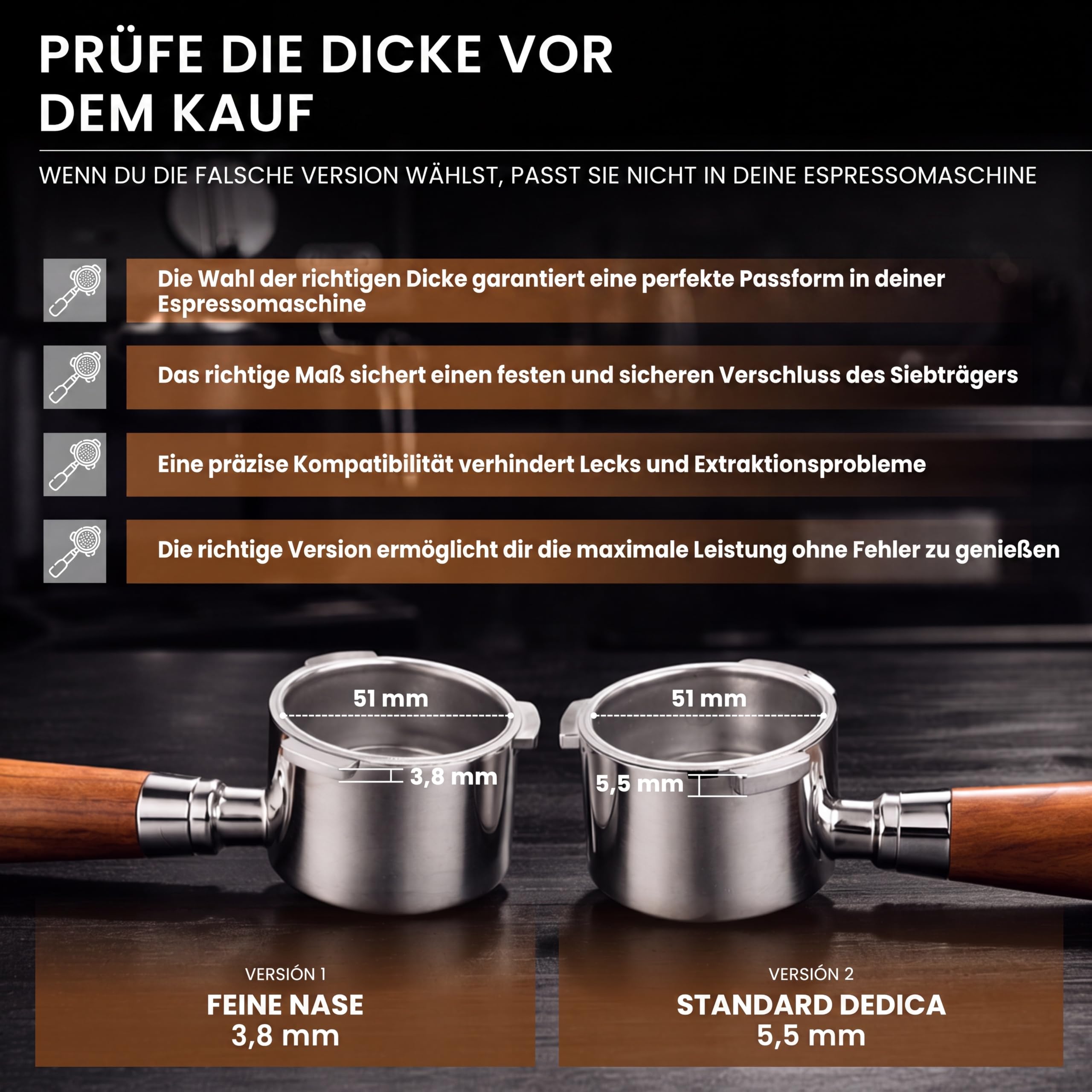 Siebträger ohne Boden, 51 mm, 3,8 mm, feines Ohr, kompatibel mit De'Longhi EM450.M, ECP, Power Espresso 20, 2 Filter, Verteilerfilter und Dosiertrichter (kompatibel mit EM450 / ECP (3,8 mm))
