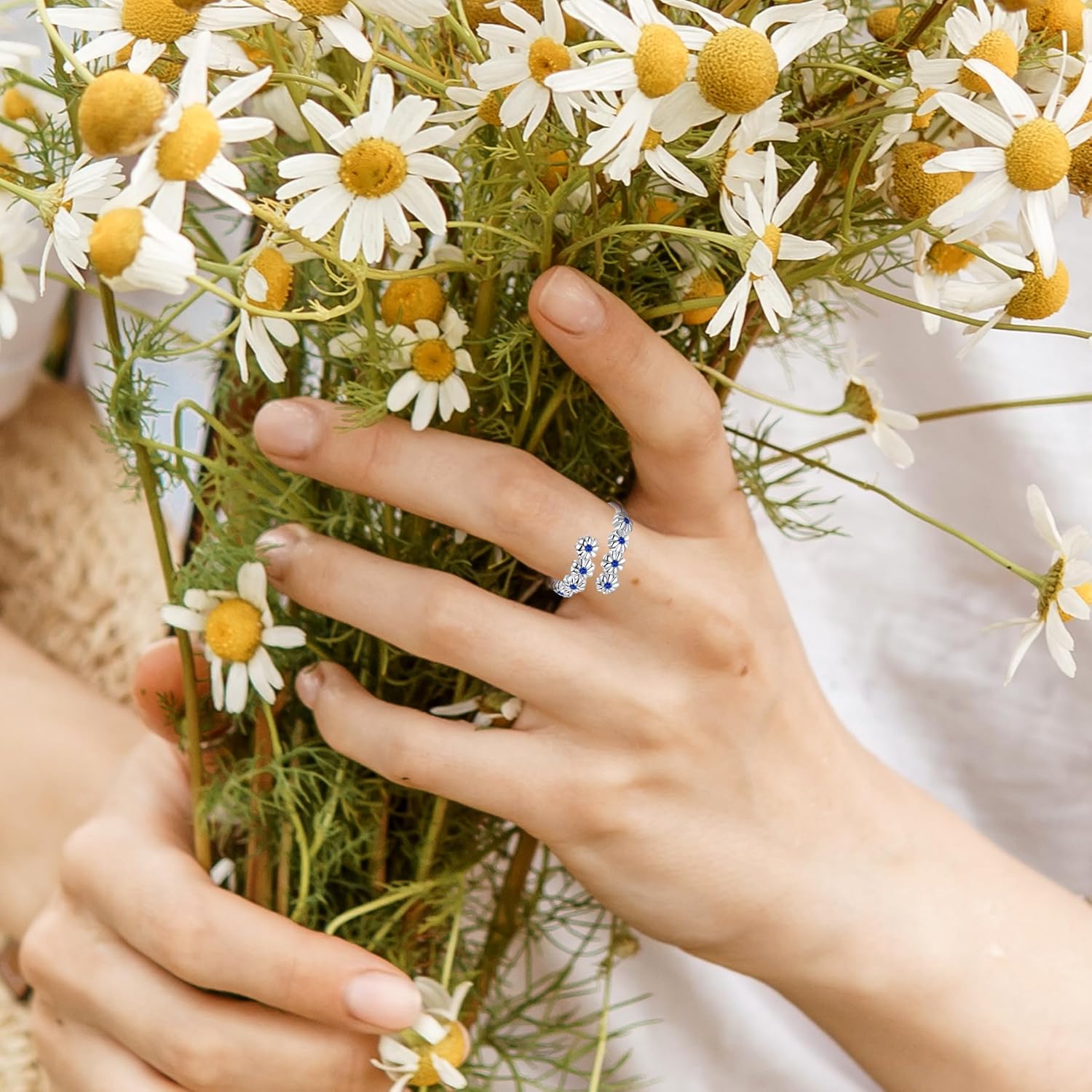 LYTTMAB Birthstone Ring Daisy Ring Sunflower Ring For Women, Sterling S925 Silver Birth Flower Ring, I Think Of You Every Daisy Ring, Sunshine Ring Spoon Ring, Open Ring, Adjustable Ring - Image 7