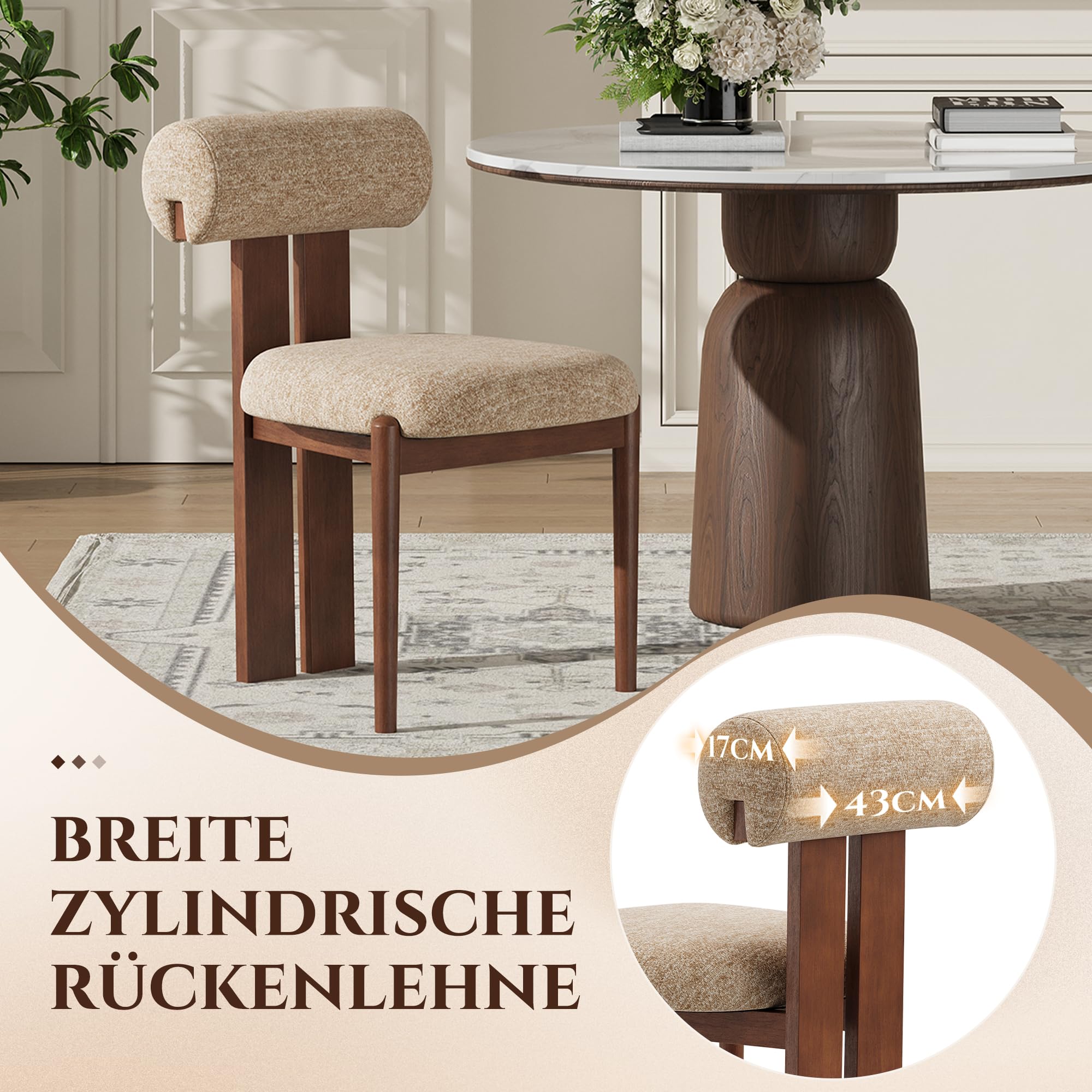 MALOL Esszimmerstühle 2er Set, Polsterstuhl Essstühle mit Holzbein, Modern Stoff Esstisch Stühle mit Fester Rückenlehne für Esszimmer, Küche, Restaurant, Mit dunkelbraunen Beinen, Kamel