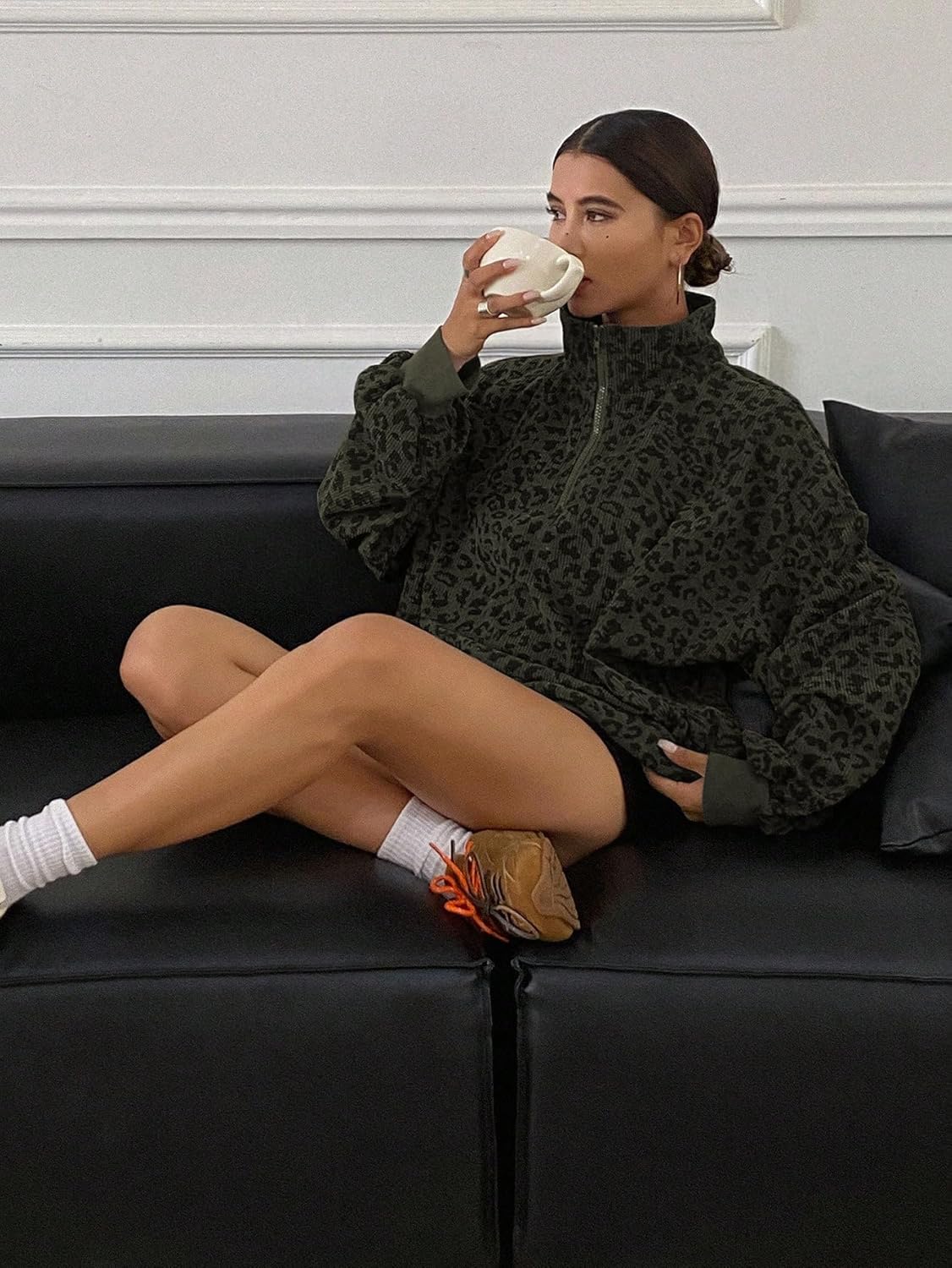 SweatyRocks Women's Leopard Print Sweatshirt Quarter Zip Collar Long Sleeve Pullover Tops - Image 4