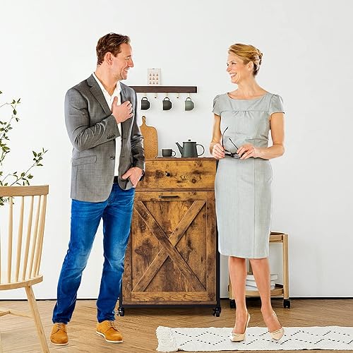 Miniatura 6 de VINGLI Armario de basura abatible de 13 galones, armario de cocina oculto de madera con cajón, organizador de almacenamiento móvilindependiente a