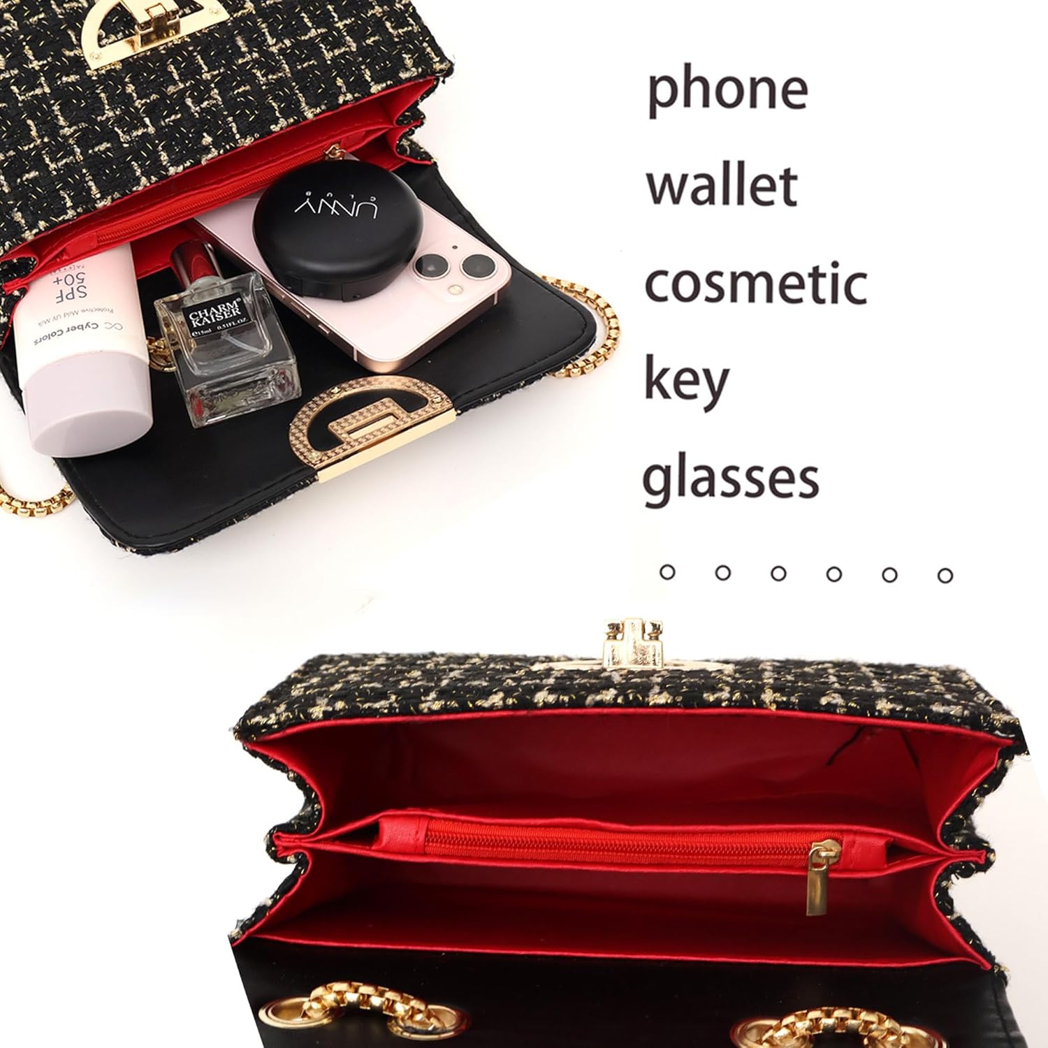 Women Tweed Small Shoulder Bag Handbag and Purse Fashion Ladies Chain Quilted Crossbody Bag Evening Bag Clutch - Image 5