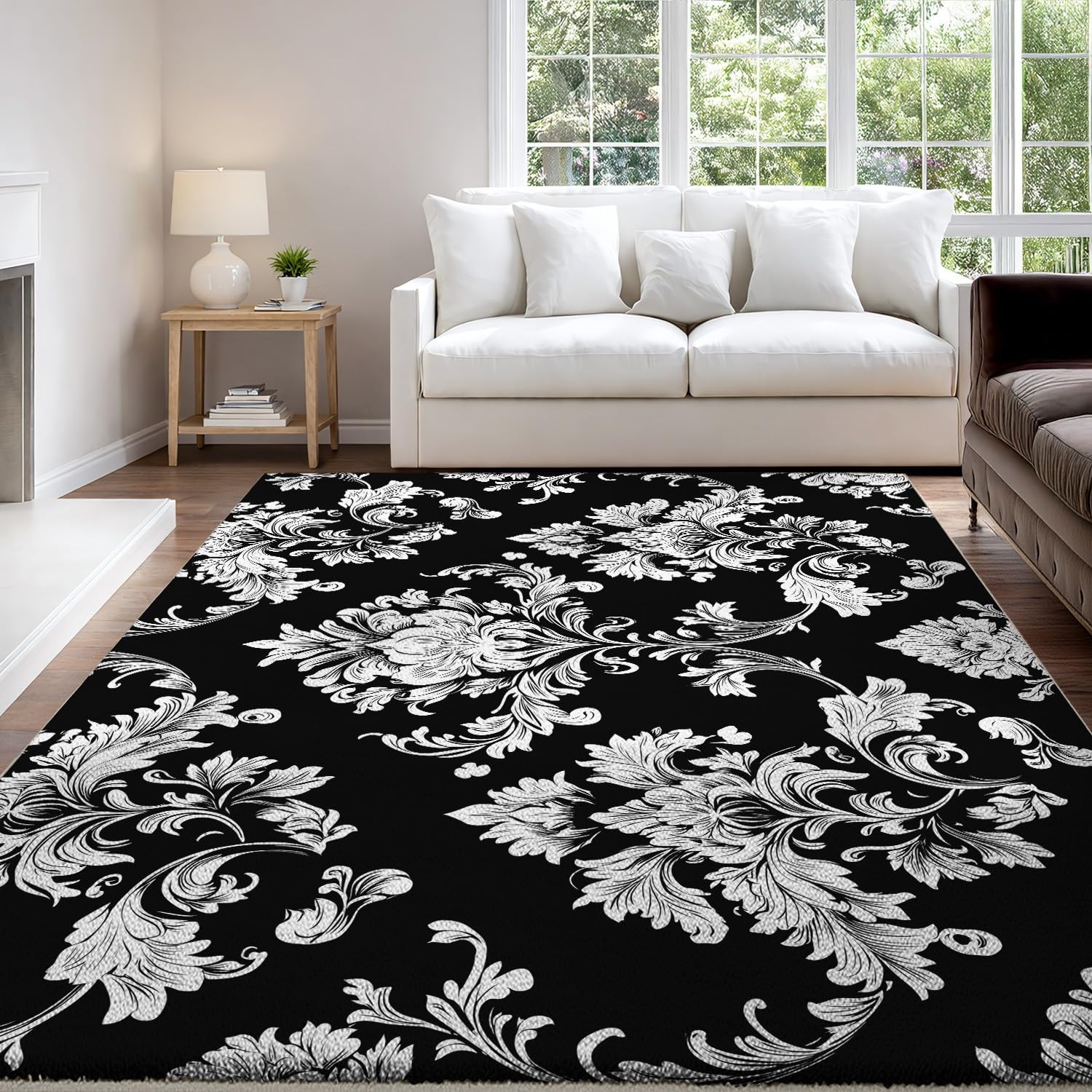 Générique Tapis Moelleux 60 x 90 cm, Extra Epais Tapis Chambre Antidérapant Lavable en Machine, Rétro Motifs Floraux Luxe Floral pour Interieur, Salle à Manger, Noir-Blanc