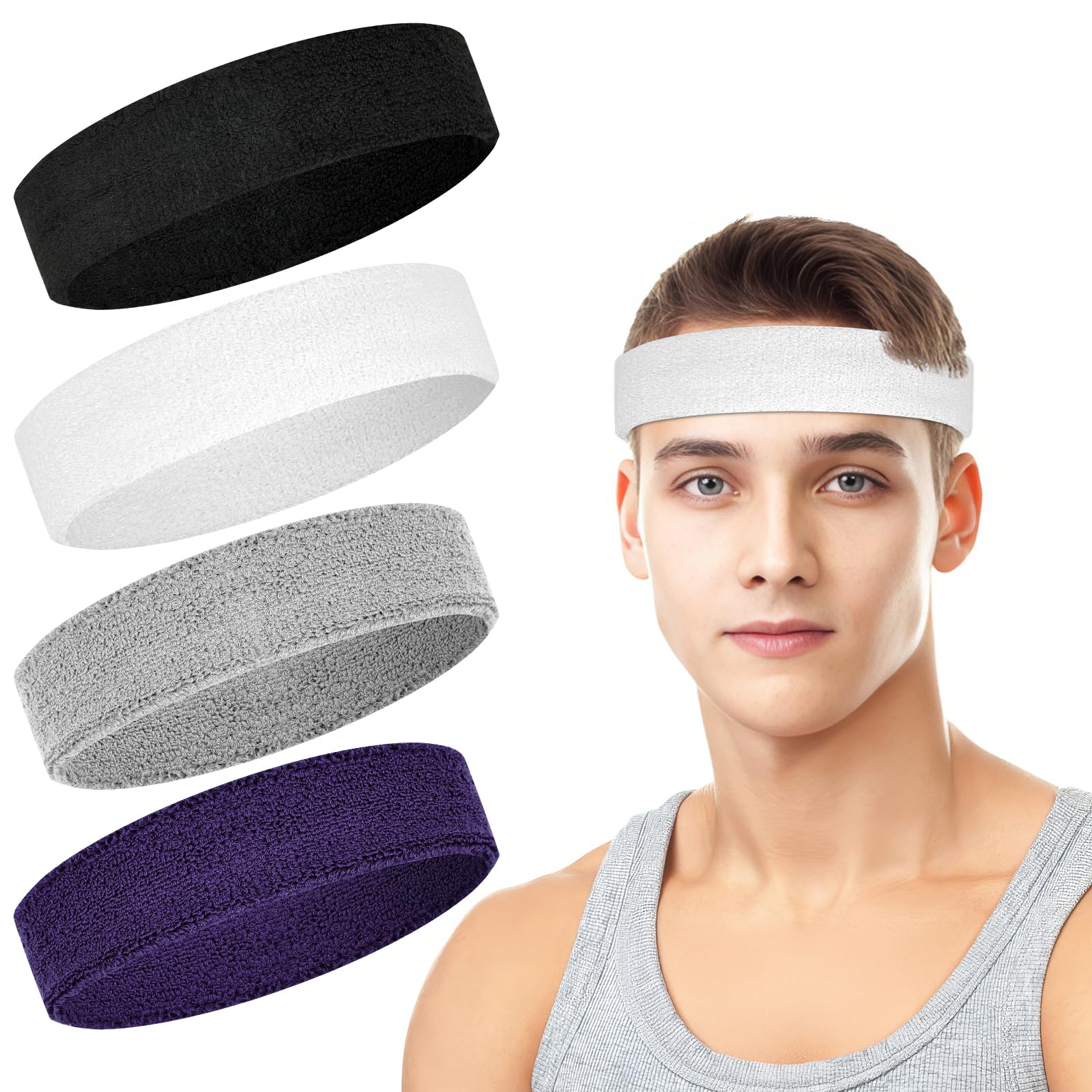 4 Pack Cotton Terry Sweat Headbands for Men Women Running Gym