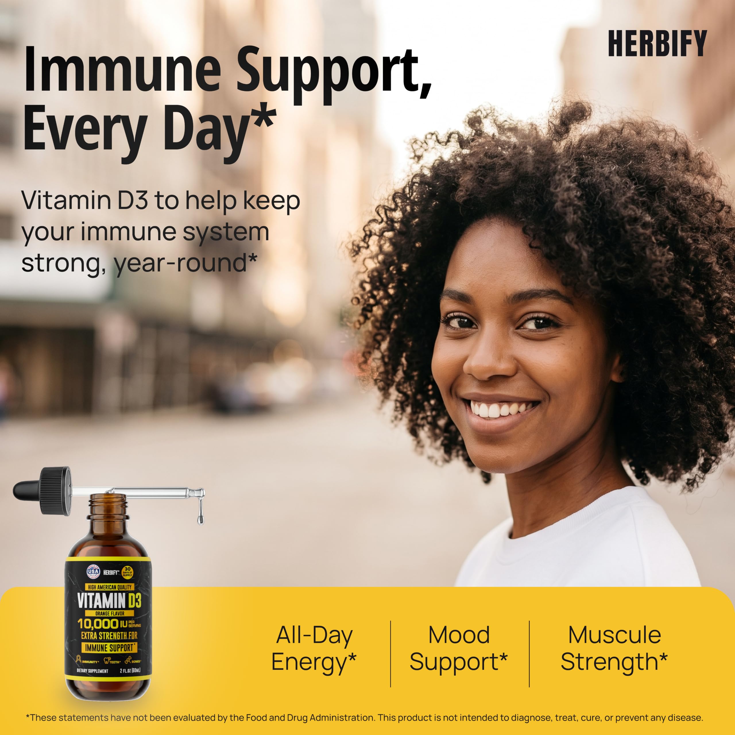 HERBIFY Vitamin D3 10000 IU - Made in USA Liquid Vitamin D Drops - Bone and Immune Support Supplement - Sunshine Replacement - D3 Vitamin Bone and Teeth Supplement - Orange Flavor - 2 Oz — Amazon image 3