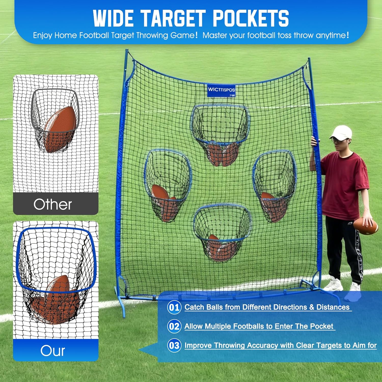 Football Throwing Net, Upgrade Heavy Duty Metal Frame Quarterback Training Equipment Throwing Machine with 1-4 Targets, Easy Setup Football Target Practice with CarryBag, Allweather Indoor Outdoor Use - Image 2