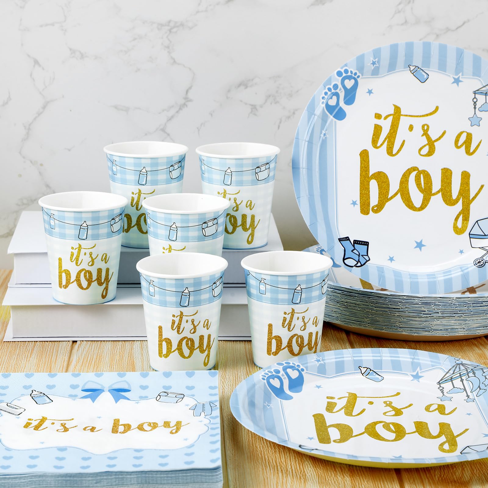Lot de 200 assiettes en papier jetables bleues pour fête prénatale pour 50 invités garçons décoration de fête printanière