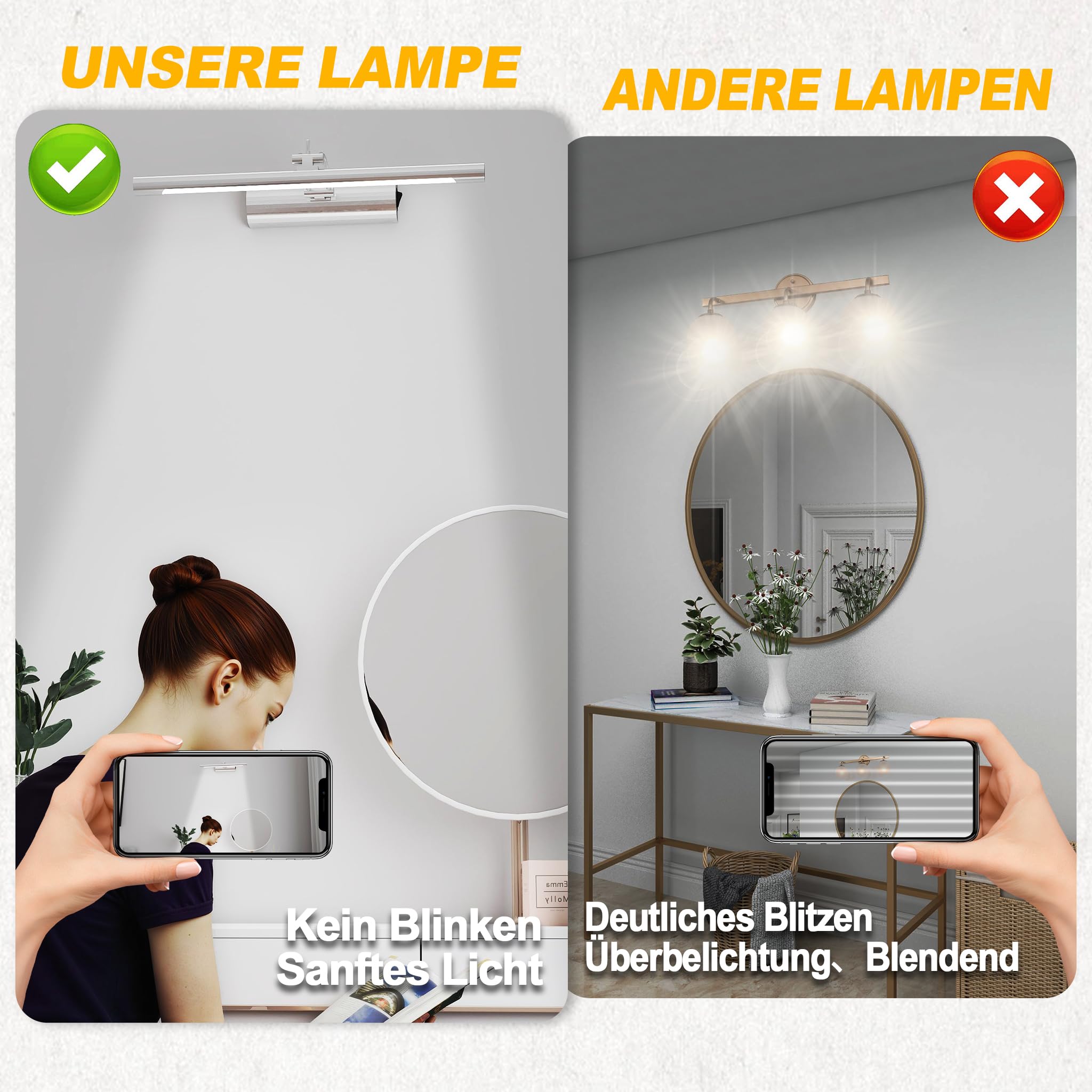 UISEBRT 10W 40cm Lámpara LED para espejo de baño, tubo fluorescente ajustable 180°, base con interruptor, plata Lámpara de baño para iluminación de pared y espejo, tipo C luz blanca fría