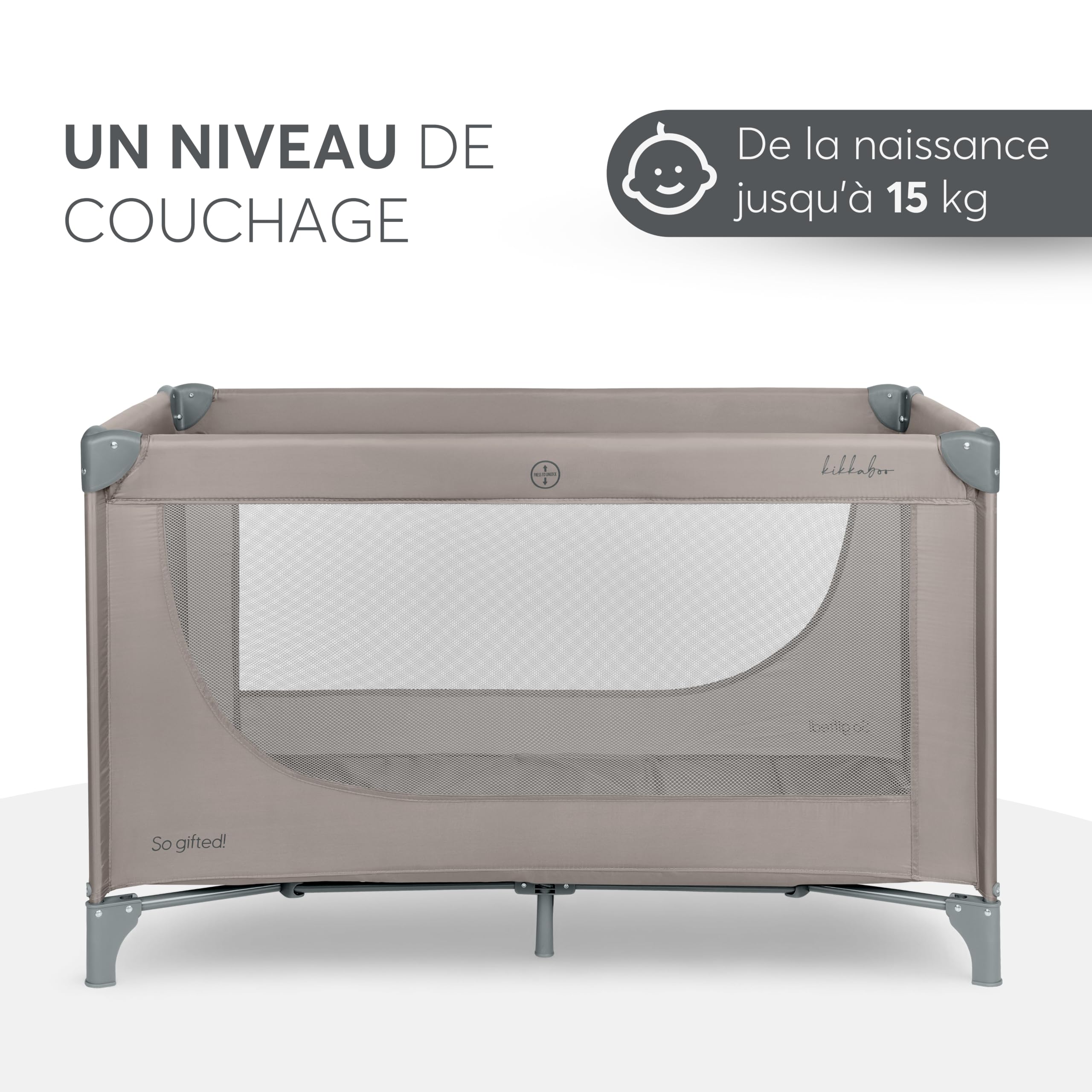 KikkaBoo Lit Parapluie Bébé Pliable Compact So Gifted, Lit de Voyage Léger 120x60 cm, Jusqu’à 15 kg, sans Matelas, Sac de Transport Inclus, Beige Foncé, Cot
