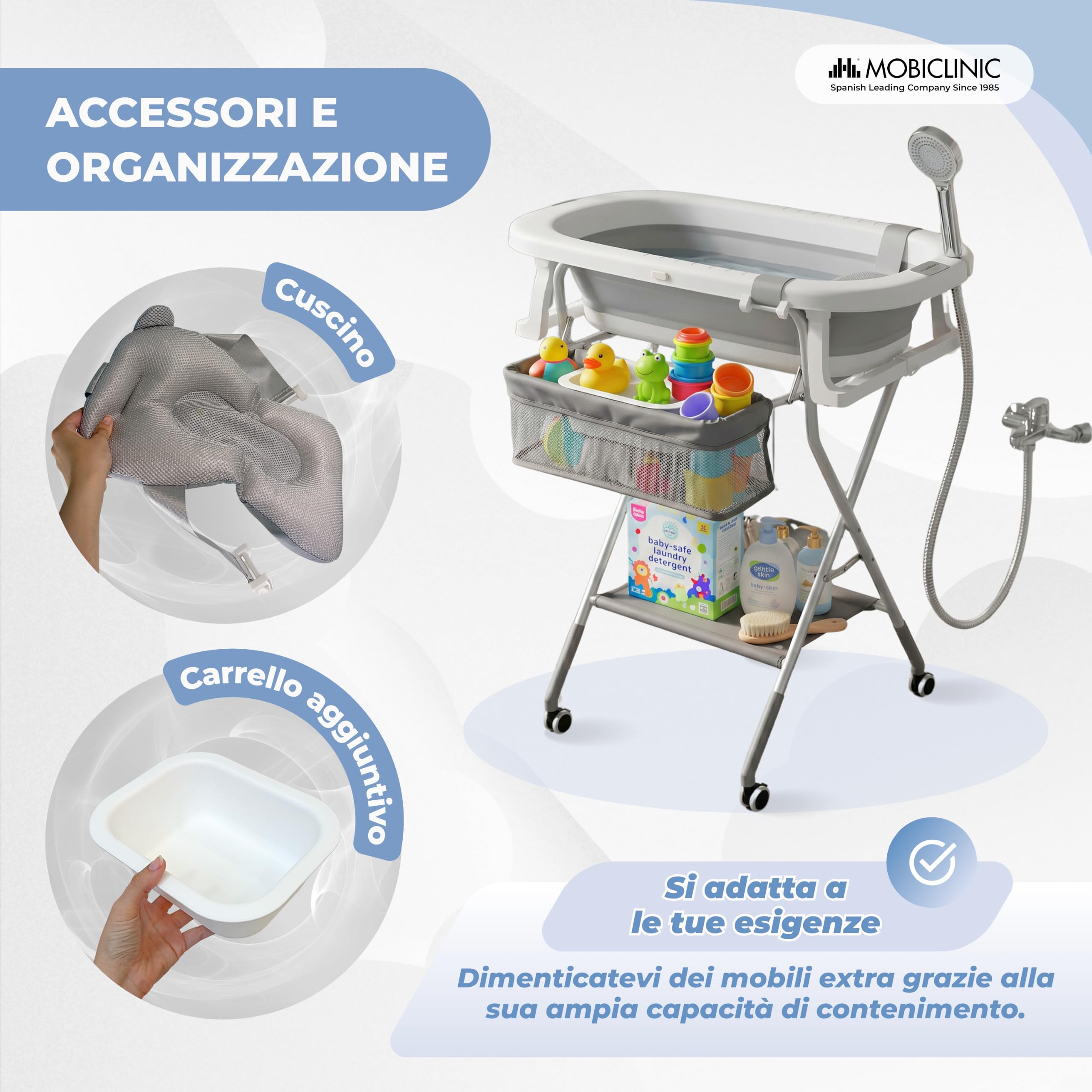 Mobiclinic®, Vaschetta Bagnetto Neonato, con Gambe e Supporto, Altezza Regolabile, Ruote a 360° con Freno, Cuscino Ergonomico, Tubo di Scarico, Cestino e Vassoio, Compatta, Bubba Max