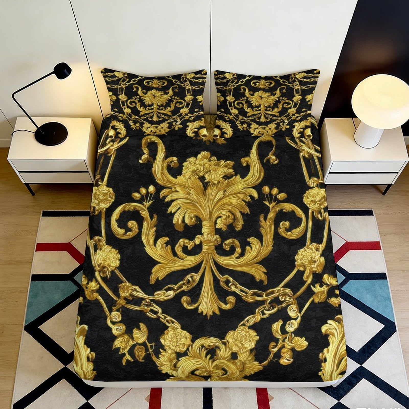 3D Printed Baroque Gold Fitted Sheet Microfiber Black Artistic Pattern Mattress Cover Bedroom Easy Care Decor 90x200x25cm