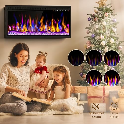 Miniatura 7 de ALPACA Calentador de chimenea eléctrico de 36 pulgadas, chimenea lineal empotrada en la pared y montada en la pared, 13 colores de llama ajustables
