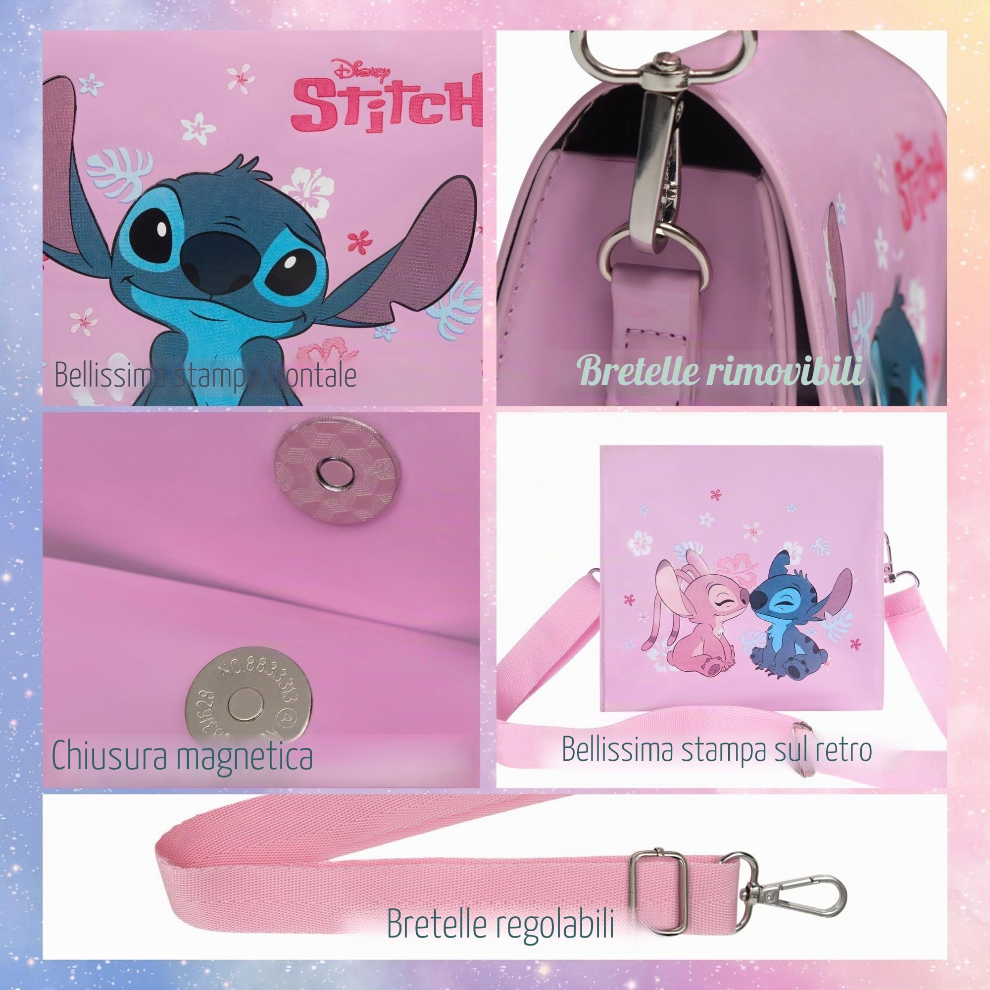 Borsa a tracolla rosa Disney Stitch & Angel per ragazze – Lilo & Stitch film ufficiale | Simpatica borsa a tracolla per bambini e adolescenti | Regali per ragazze | Tracolla lunga regolabile