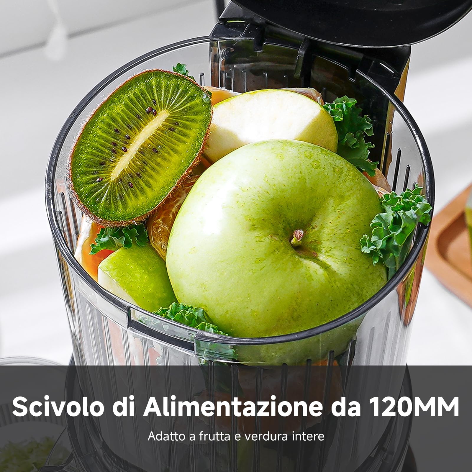 AMZCHEF Estrattore Frutta e Verdura, 120mm Bocca Larga con Taglio Automatico, Slow Juicer a Freddo 60RPM, Estrattore di Succo in Acciaio Inox, Facile da Pulire[Classe di efficienza energetica A+++]