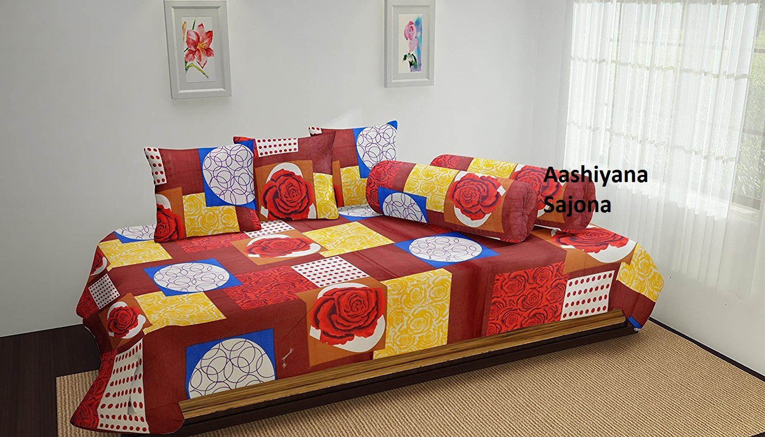 Bansal Yarn Cotton Diwan Set of 8 Pieces (1 Diwan Bedsheet + 5 Cushion Covers + 2 Bolster Covers, Multicolour) (Design 351)-image-40