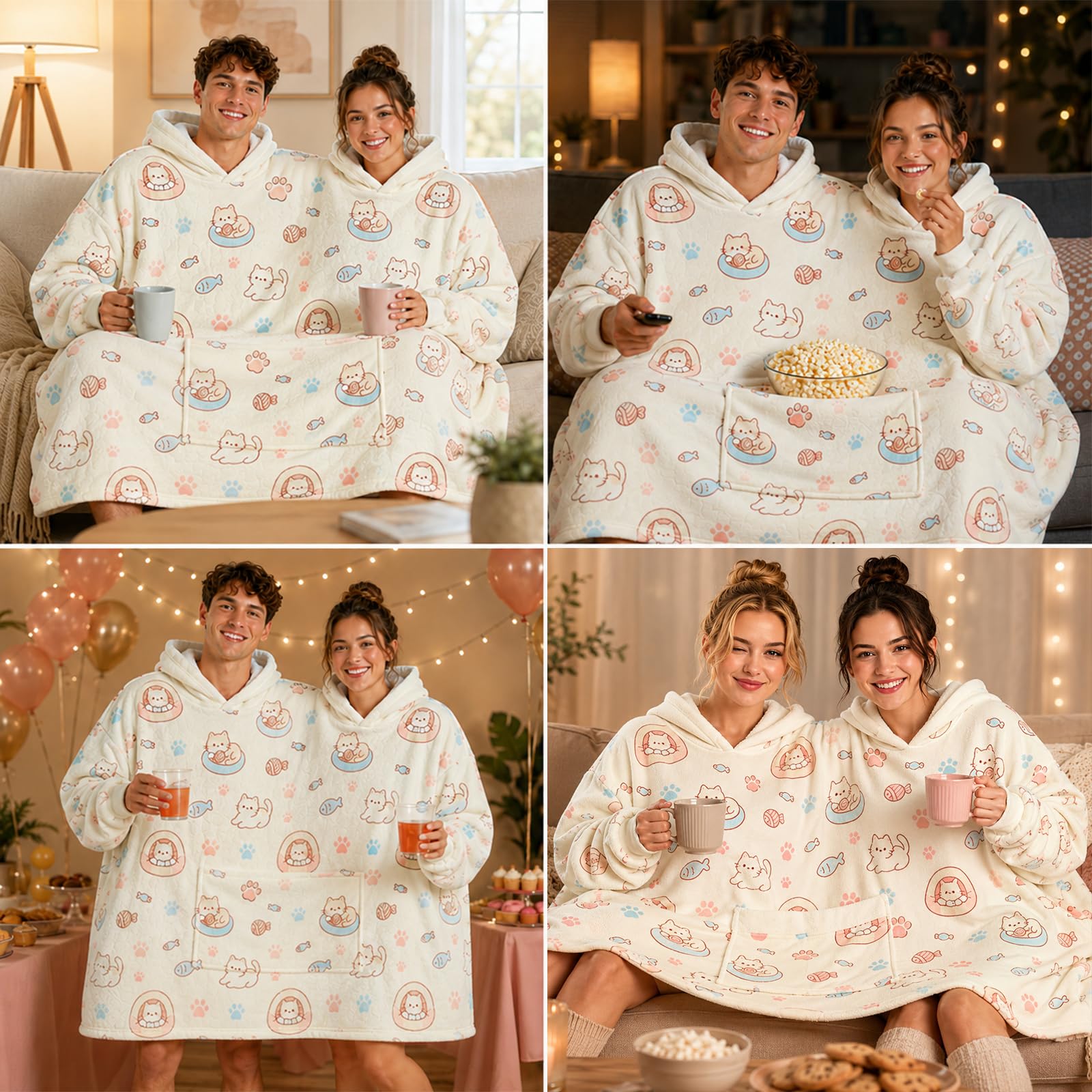 Partner Hoodie Pyjama Set für Paare Oversize Matching Sweatshirts Doppelkapuze Kuschelige Flanell Onesie Hausanzug Geschenk für Sie & Ihn