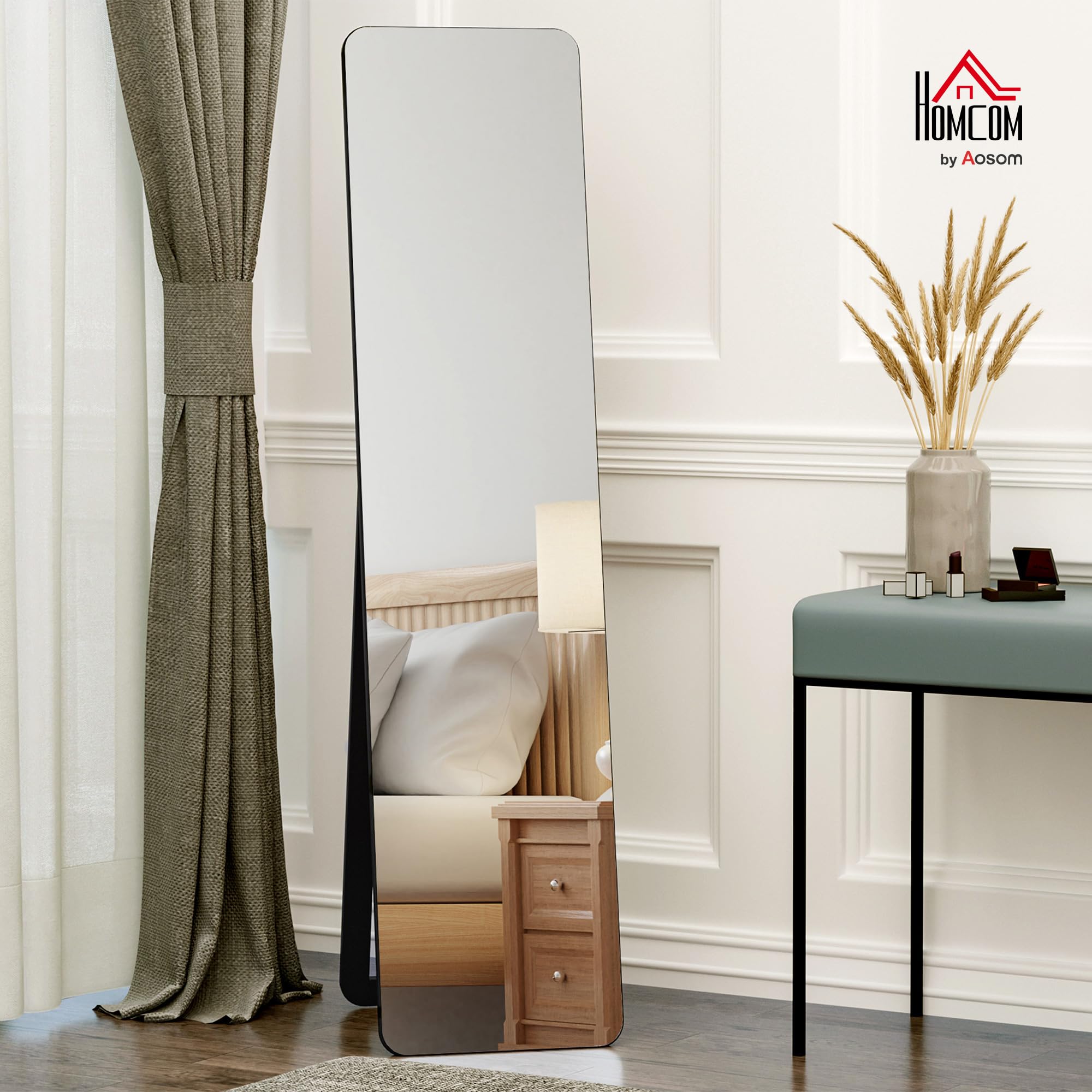 HOMCOM Espejo de Pie Cuerpo Entero Rectangular Espejo Pared con 2 Formas de Uso Marco de Madera de Pino Moderno para Pasillo Dormitorio Sala de Estar 37x43x156 cm Negro