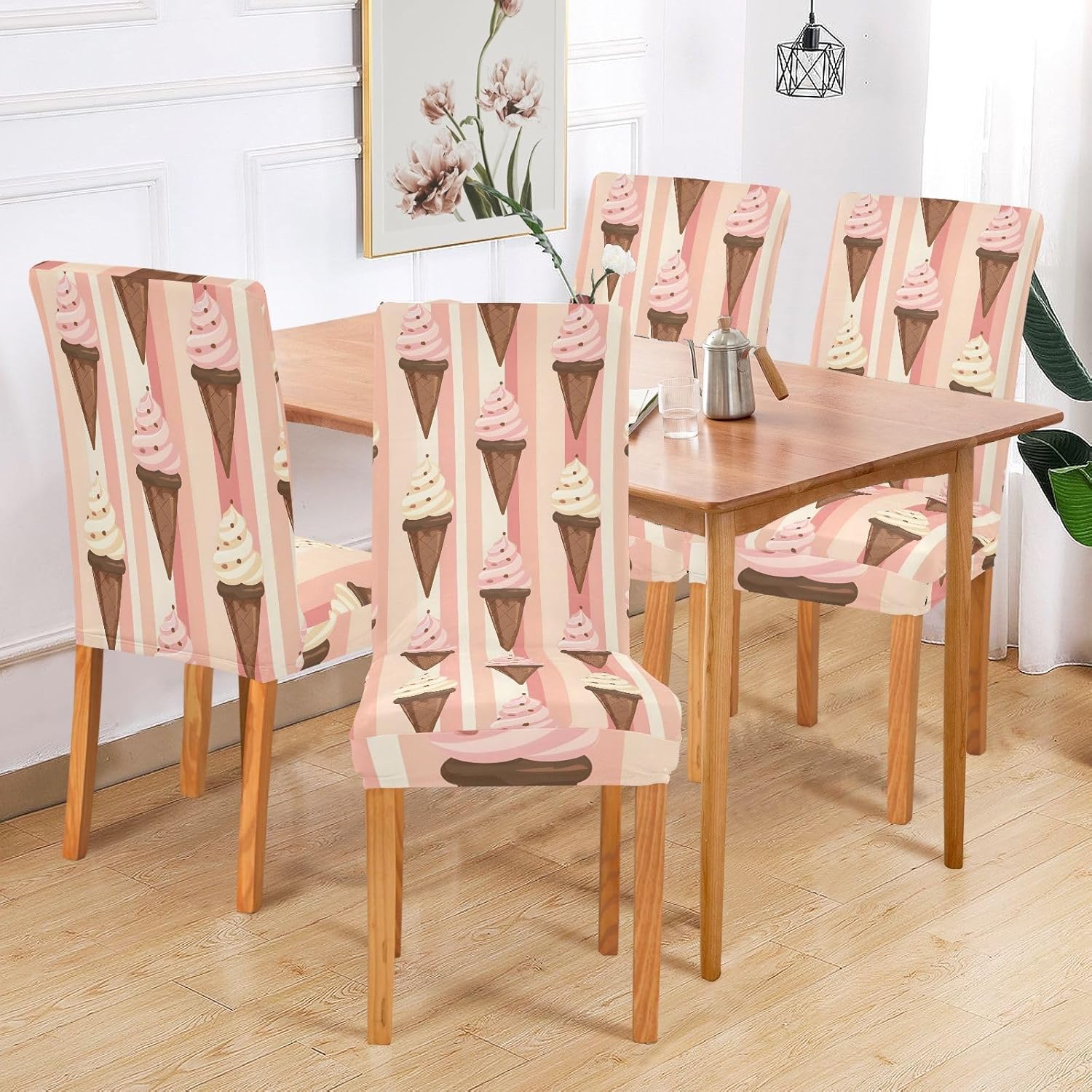 ALAZA Chair Covers for Dining Room, Striped Pinkice Cream Cones Pattern Stretch Chair Cover Sets Chair Protector Removable Washable for Ktichen Restaurant Hotel