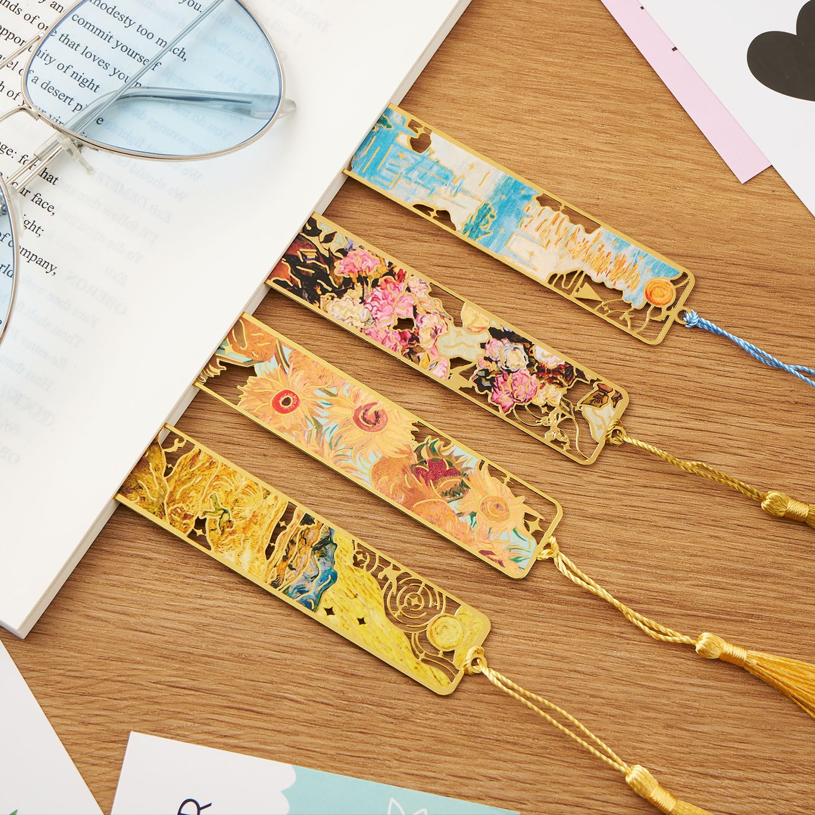 ZOUIQSS Metal Bookmarks with Tassel Golden Hollow Bookmark Van Gogh Oil Painting Theme Book Mark Bookmarks for Book Lovers Writers Readers Men Women,4 Pieces,Style5 - Image 3