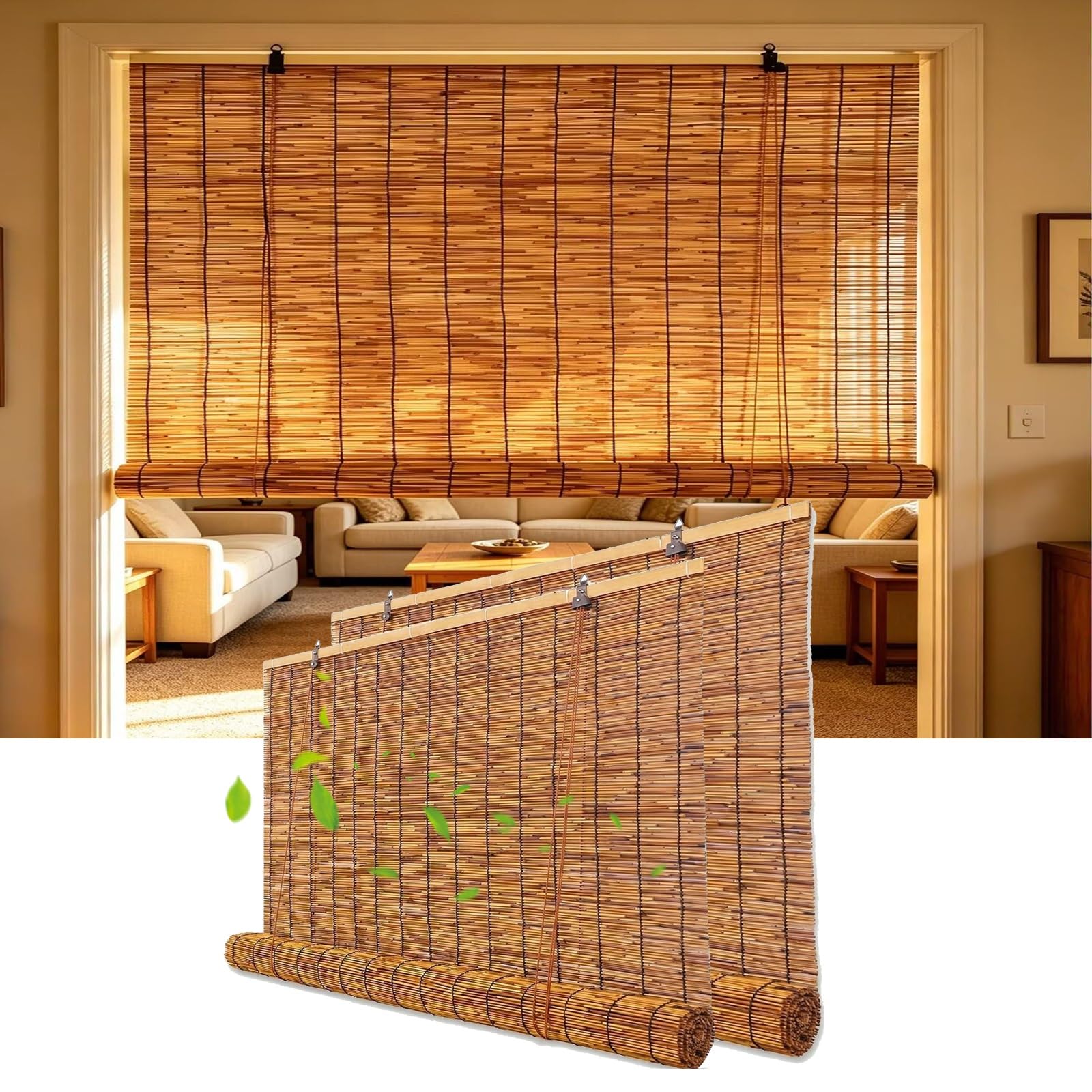 CMJYMX Blackout Bamboo Blinds, Roman Shades For Windows, 70% Light Filtering Bamboo Roll-Up Blind Sun Protection Breathable, For Indoor/Outdoor Porch Or Patio(120x150CM/47x59IN(WxH))