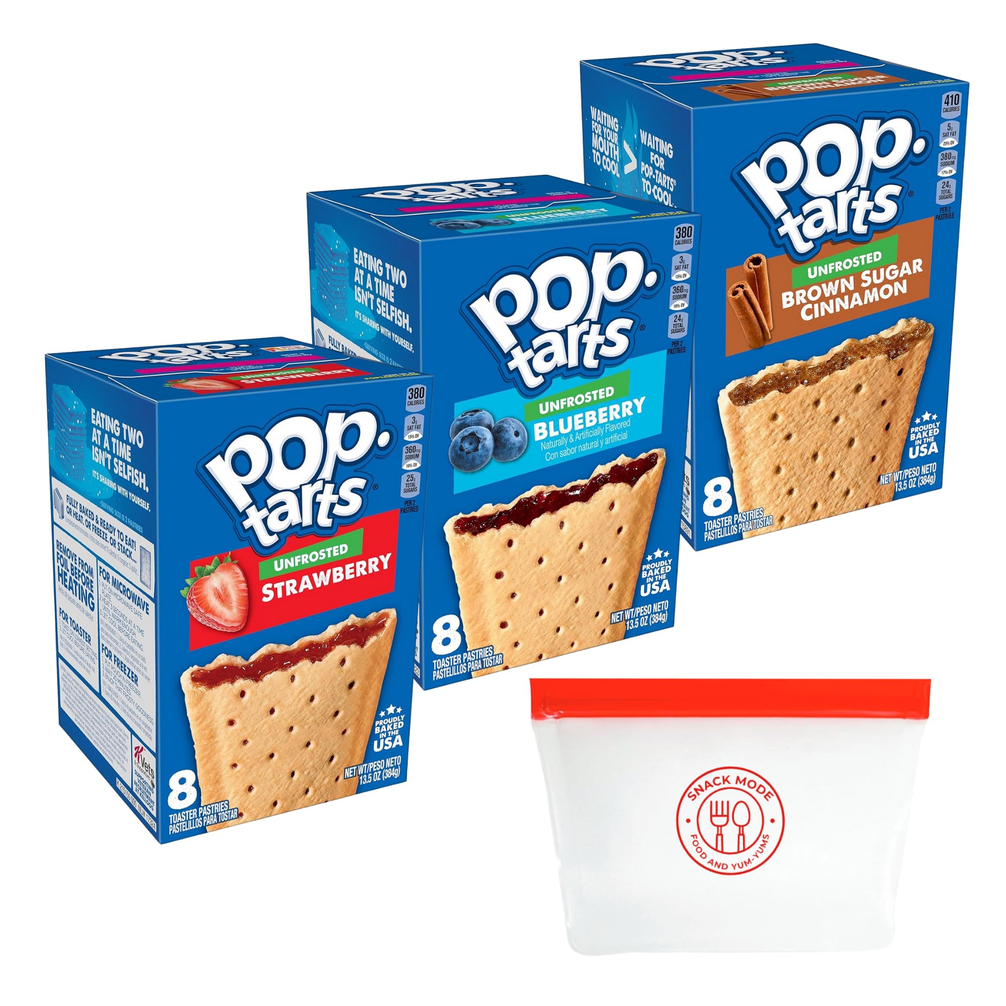 Unfrosted Pop Tarts Variety Bundle. Comes with Strawberry, Blueberry, Brown Sugar Cinnamon Snack Pack plus a Snack Mode Reusable Snack Pouch. Ideal for On-the-Go Treats & Quick Snacks.