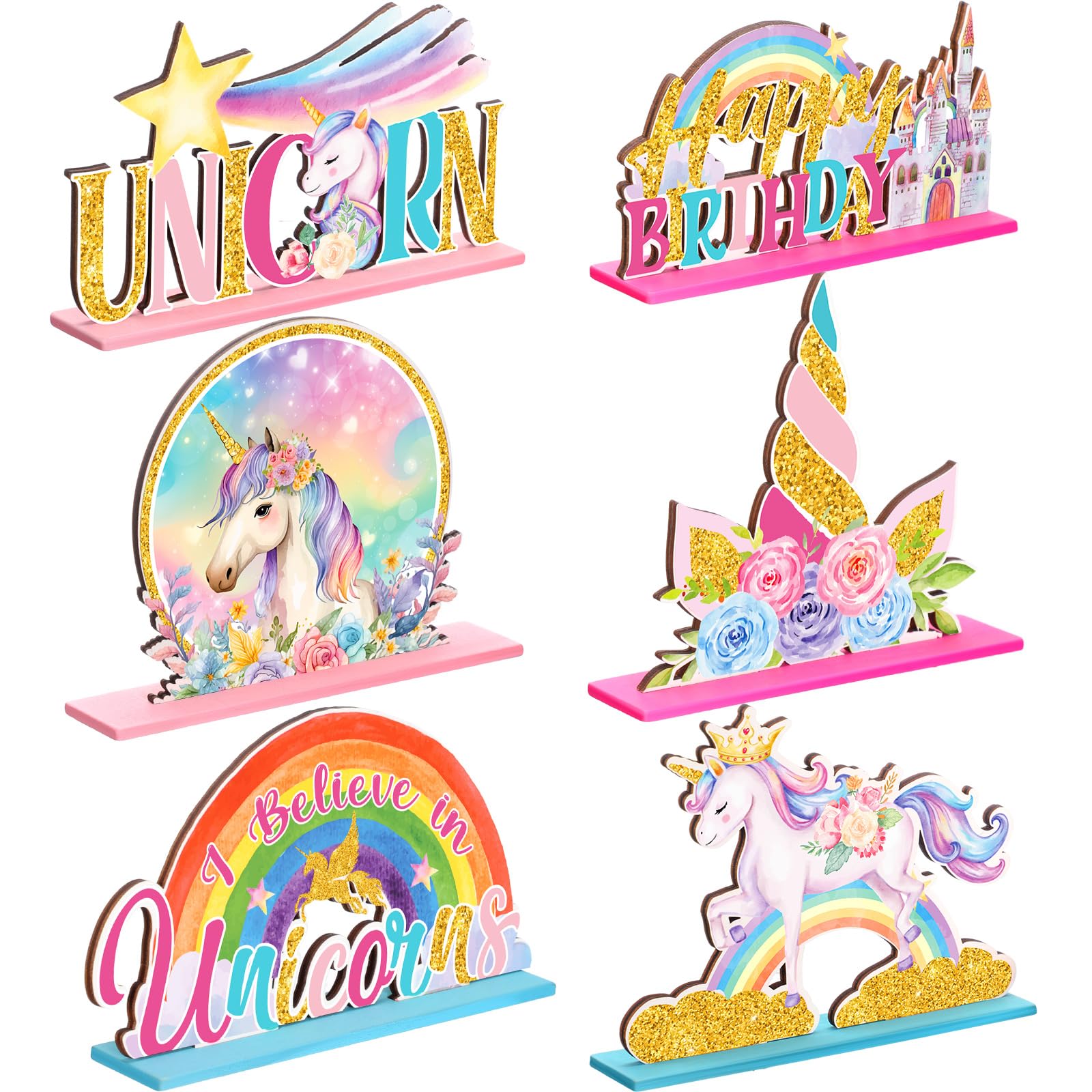 6 Pcs Unicorn Birthday Table Wooden Decorations Unicorn Rainbow Birthday Party Table Decor Pink Photo Props Sign for Girls Baby Shower Party Supplies