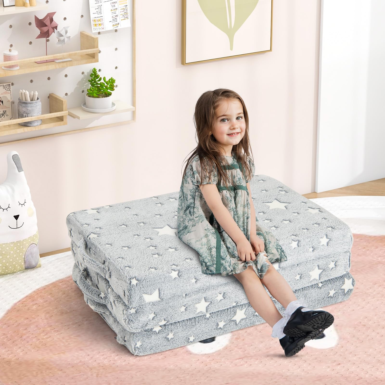 COSTWAY Colchón Cuna 122 x 61 x 7cm, Colchoneta de Suelo Plegable 3 Secciones, Estrella Brilla en Oscuridad, Funda Extraíble y Lavable a Máquina, Colchon Cuna de Viaje con Bolsa de Almacenaje