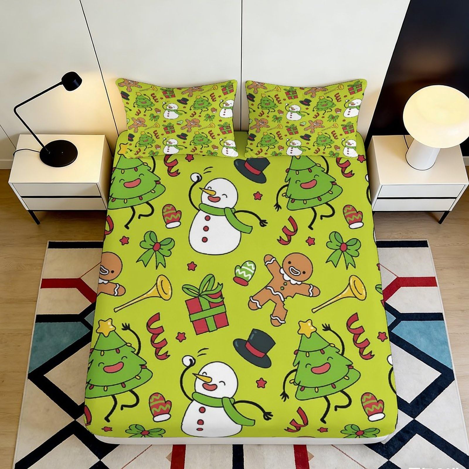 3D Printed Christmas Tree Fitted Sheet Microfiber Soft Snowman Bed Cover for Bedroom Guest Room Decor Protection 90x200x25cm