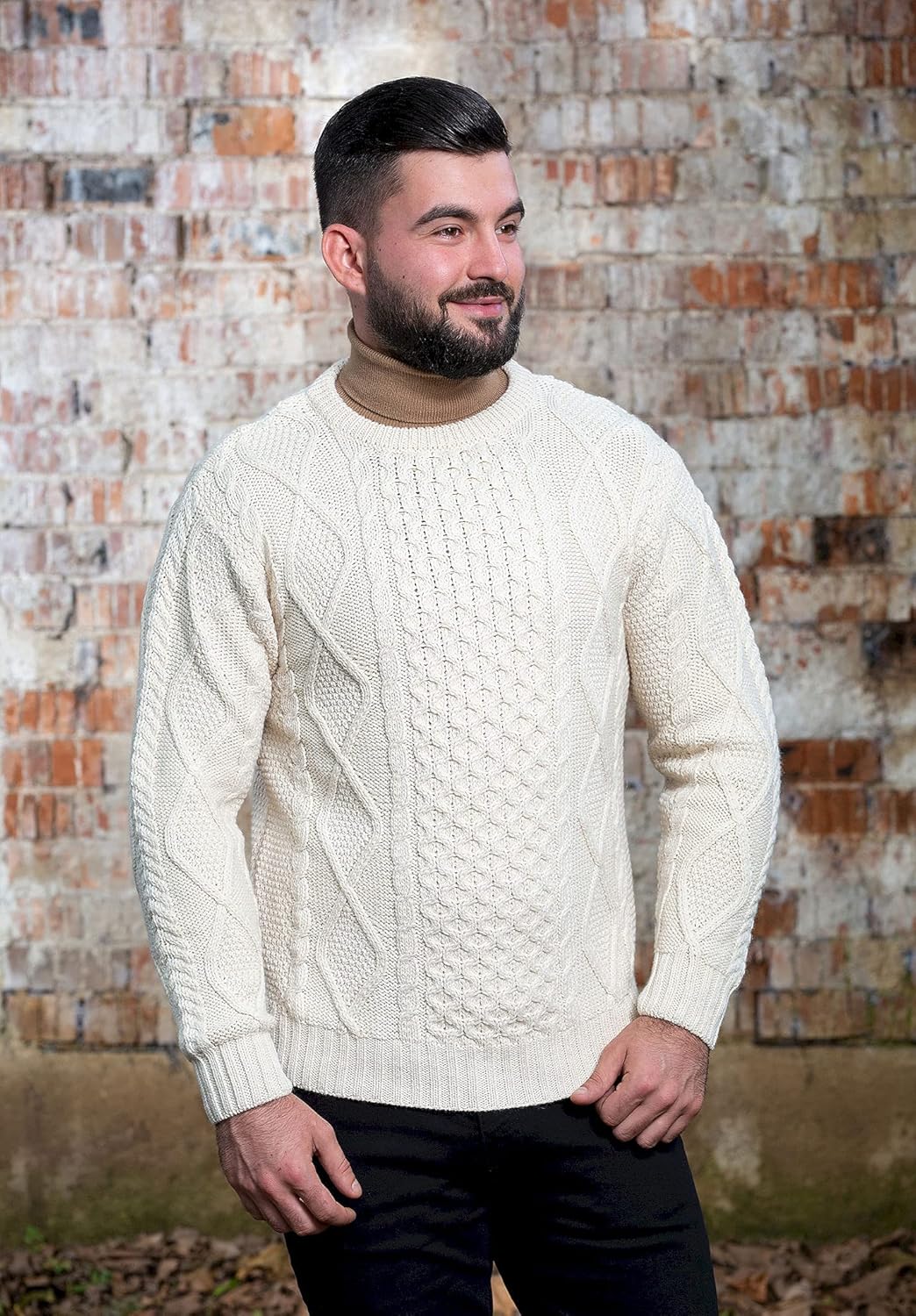 SAOL Men's Irish Aran Sweater, 100% Merino Wool Crew Neck Pullover, Made in Ireland - Image 8