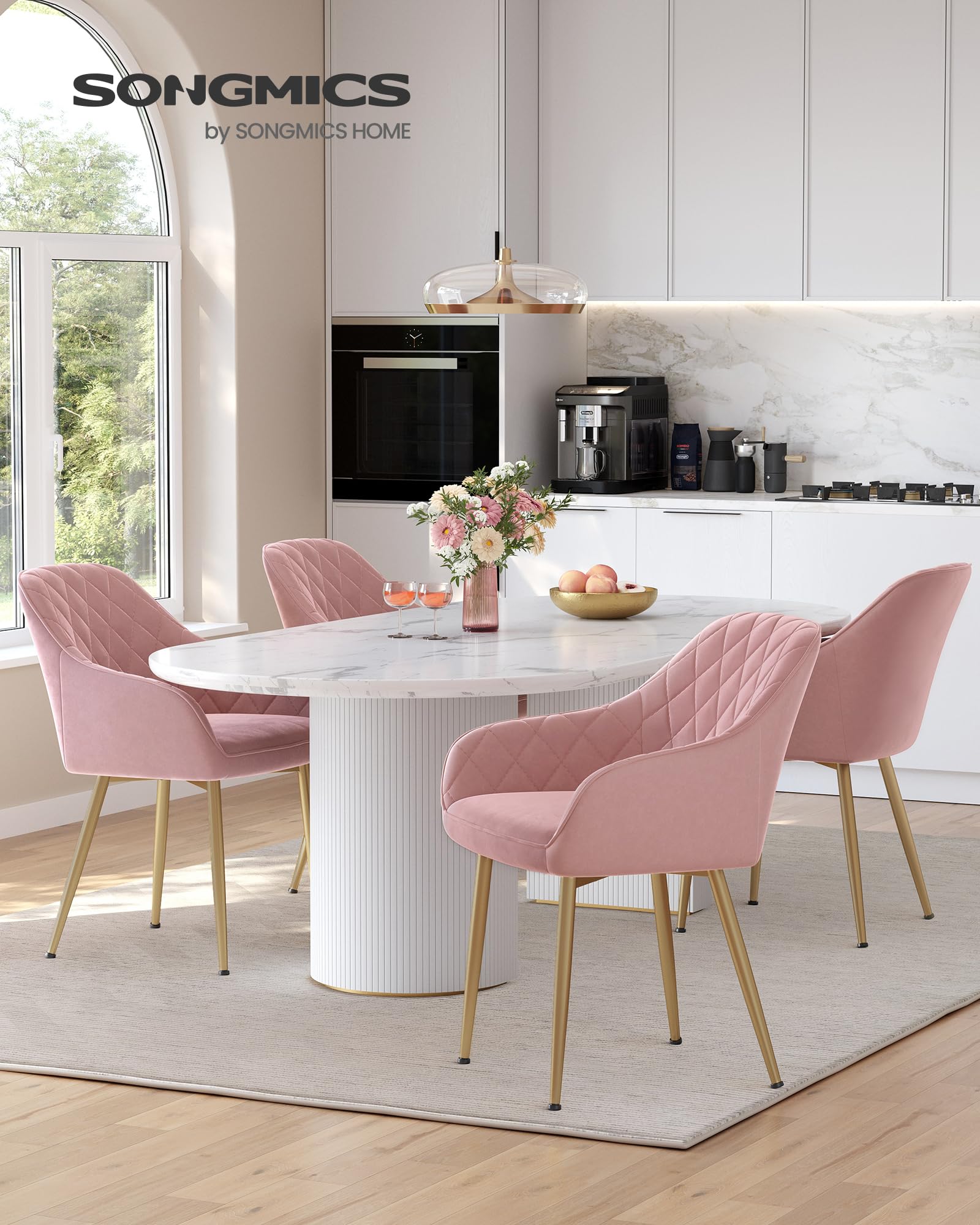 SONGMICS, Sedia, Poltrona Imbottita in Velluto, con Braccioli, Portata 120 kg, Gambe in Metallo, per Sala da Pranzo, Cucina, Rosa Pastello e Dorato Pallido LDC088R01, 60 x 62.5 x 85 cm