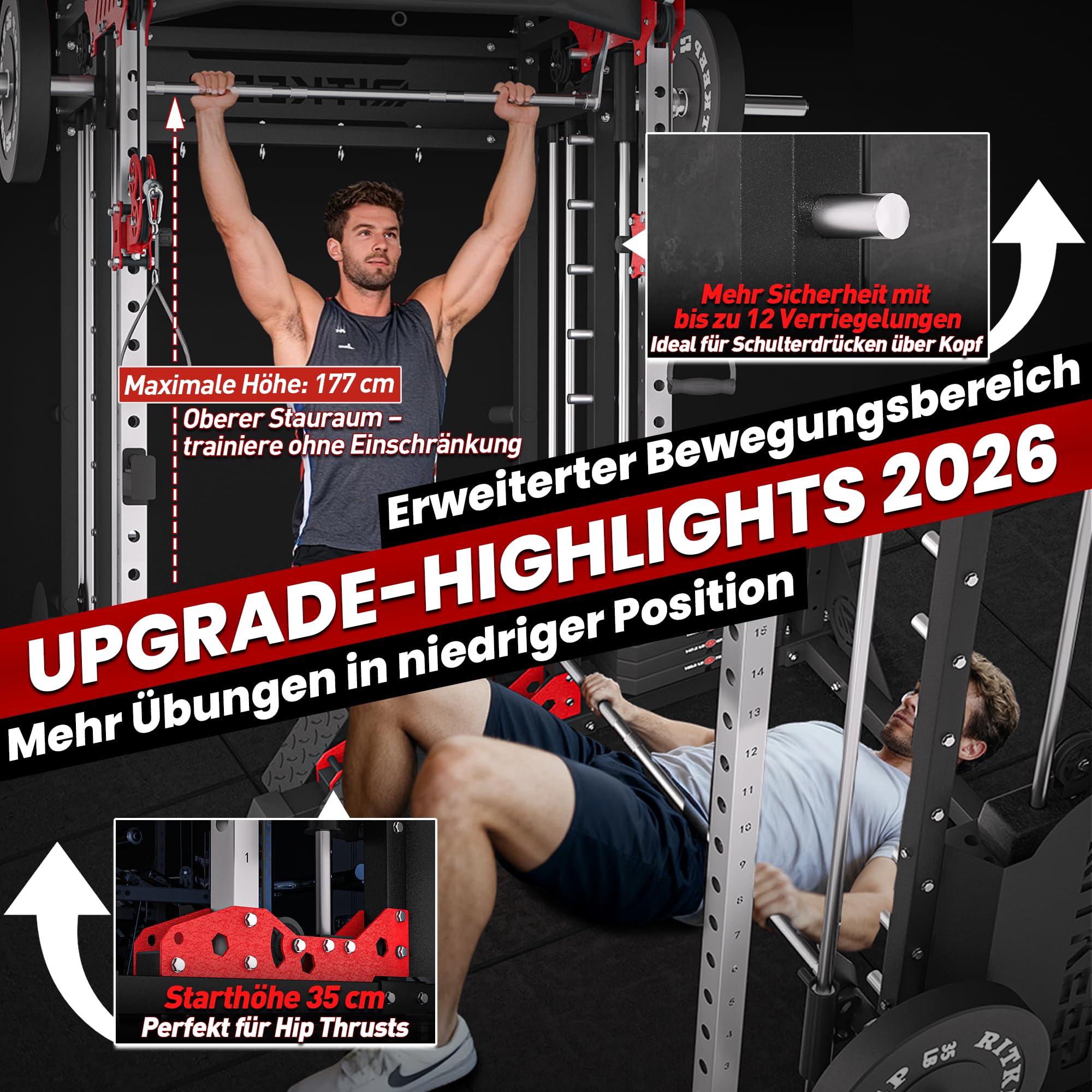 Heimtrainer Smith-Maschine mit 150 kg Gewichtsblöcken, 6-in-1 Power Rack mit Kabelzug, Klimmzug- & Dip-Station, Fitnessgerät für das Home-Gym – RitKeep PMAX-5600