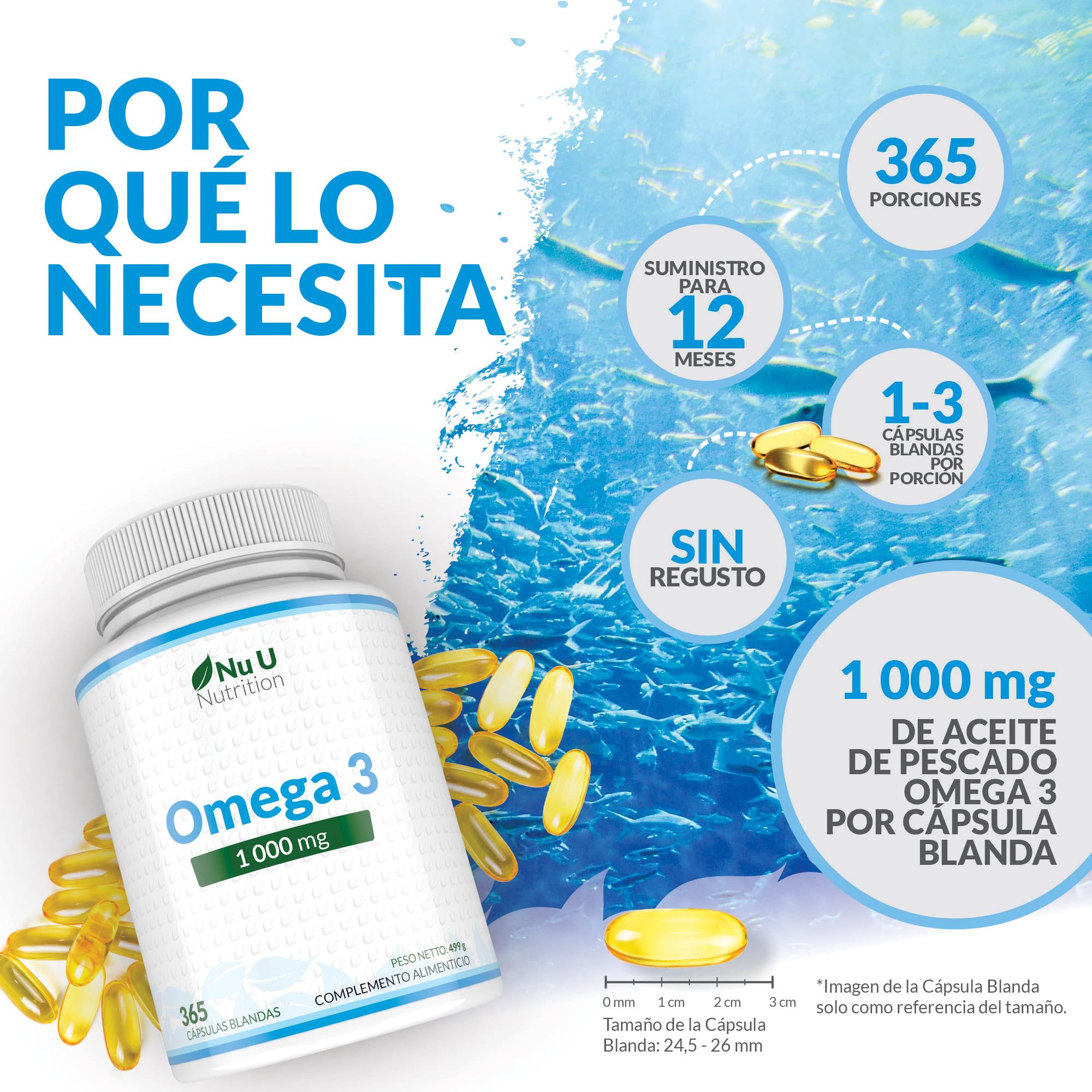 Omega 3 1000mg TG | Forma de triglicéridos - 365 Cápsulas Blandas - Omega-3 Ácidos Grasos 540mg EPA y 340mg DHA por Dosis Diaria - Aceite de Pescado Omega3 - Fabricado en Europa - Nu U Nutrition