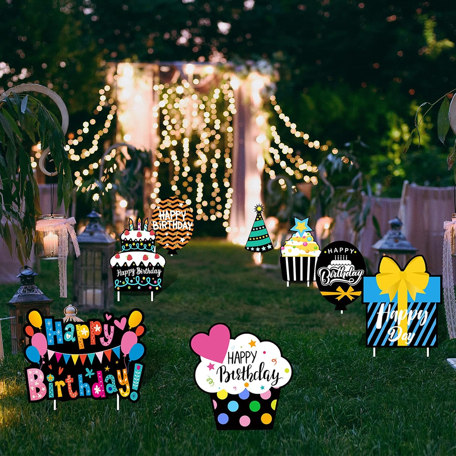 chiazllta Set of 8 Happy Birthday Yard Signs Birthday Cake Cupcake Balloon Gift Box Waterproof Lawn Sign Large Outdoor Colorful Birthday Party Decorations for Kids Adults