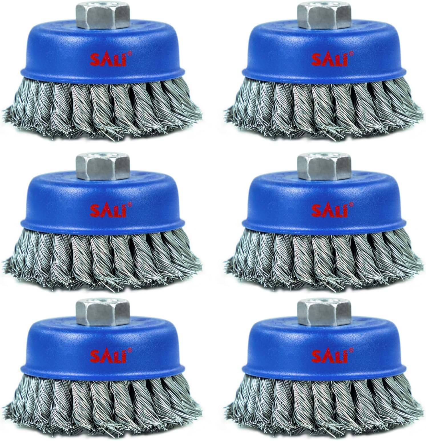 SALI 6 Pack Wire Cup Brush, 4 Inch Twisted Knotted Cup Brush for Grinders, with 5/8 Inch Arbor for Heavy Cleaning Rust, Stripping and Abrasive, for Angle Grinder