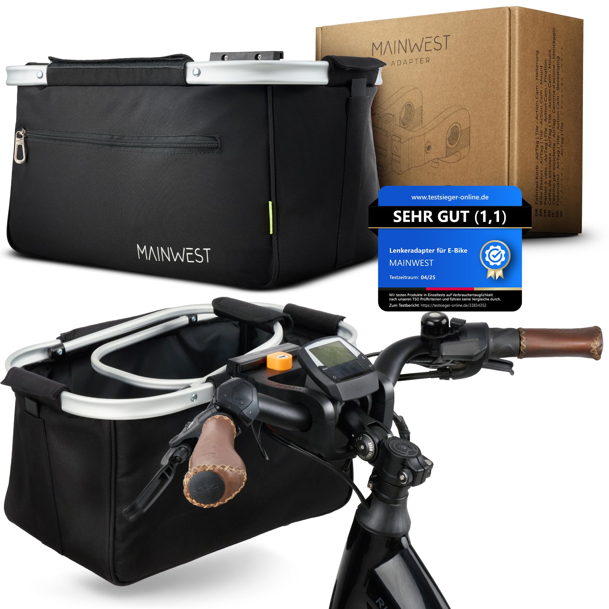 MAINWEST - Fahrradkorb vorne + Inklusive Lenkeradapter E-Bike - mit Airtag Fahrrad Versteck - Fahrradkorb Vorne Ebike - mit Schloss - Lenkerkorb Fahrrad - 26 Liter