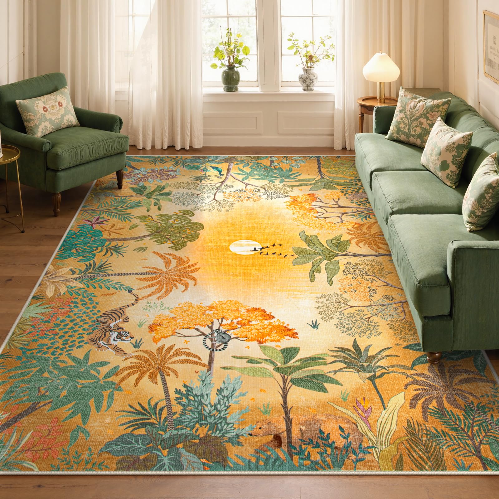 Lahome Jovence Fall Jungle Bedroom Rug 8x10 Under Bed, Large Washable Fall Area Rugs 8x10 for Living Room, Soft Sunset Forest Kids Playroom Non