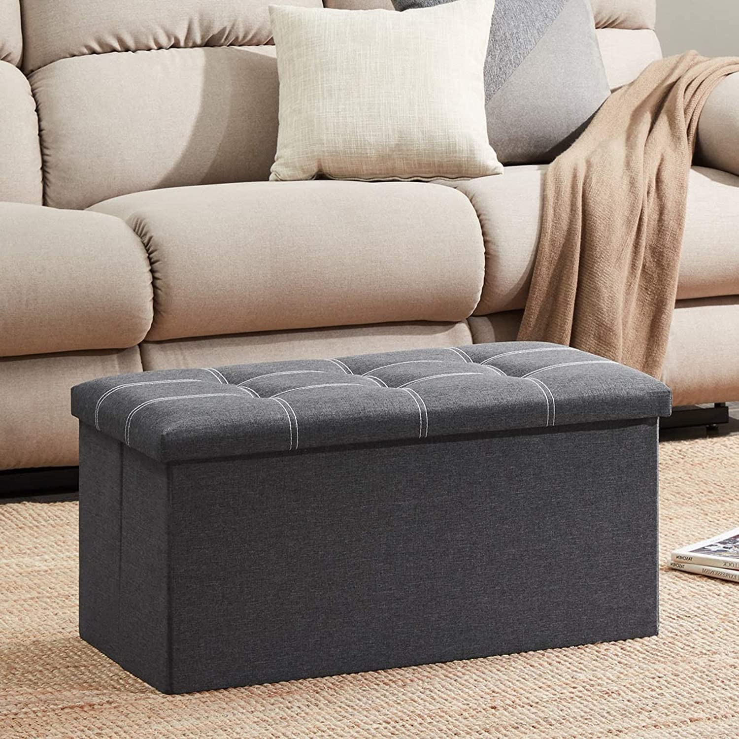 HROY Foldable Storage Ottoman Cube and Toy Box with Cushion Lid – Collapsible Footrest Stool with Hidden Storage Box for Living Room, Playroom, Office (76L x 38W x 38H cm)(Grey, Rectangular)