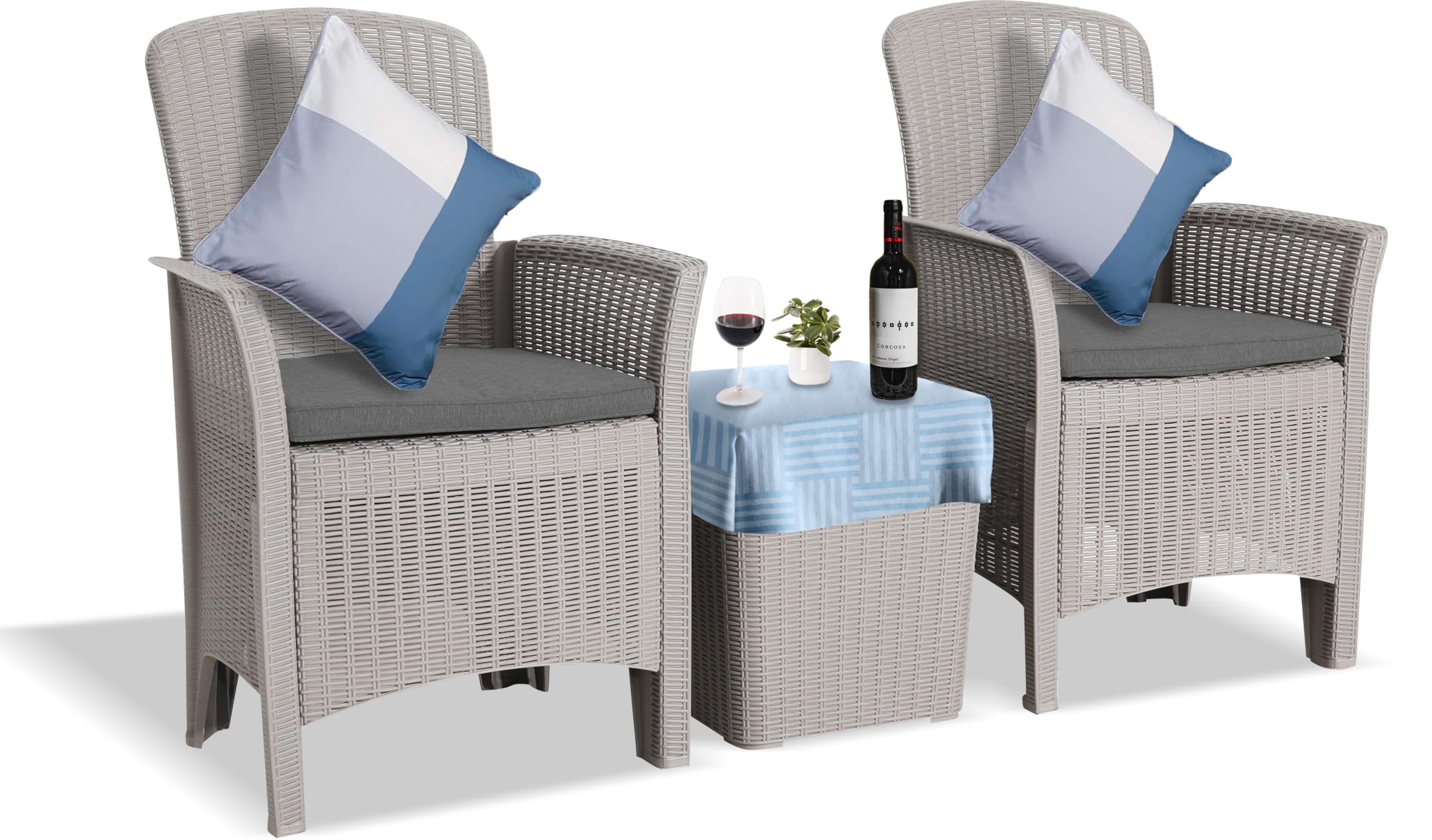 Homeology OPHELIA Easy Assembly 3-Piece PU Rattan Wicker Garden Furniture High Back Armchair Set with Side Table & Storage in Grey