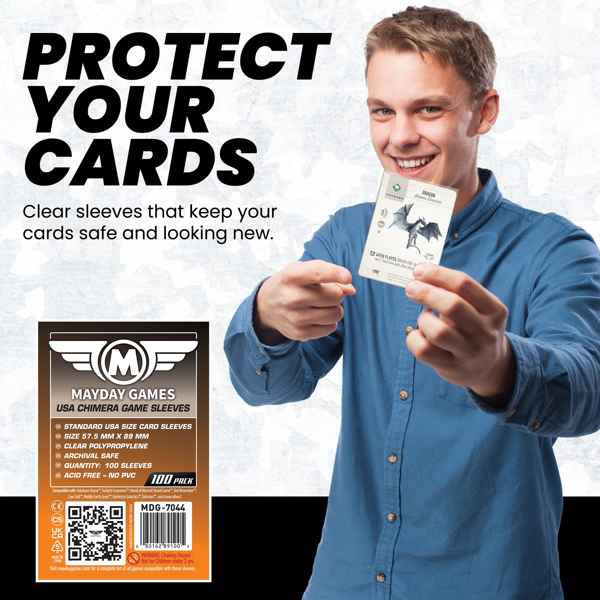 Amazon.com: Mayday Games USA Chimera Card Sleeves – 100 Pack, 57.5 x 89 mm,  Super Clear 40 Micron Polypropylene, Acid-Free, PVC-Free – MDG-7044 : Toys  & Games