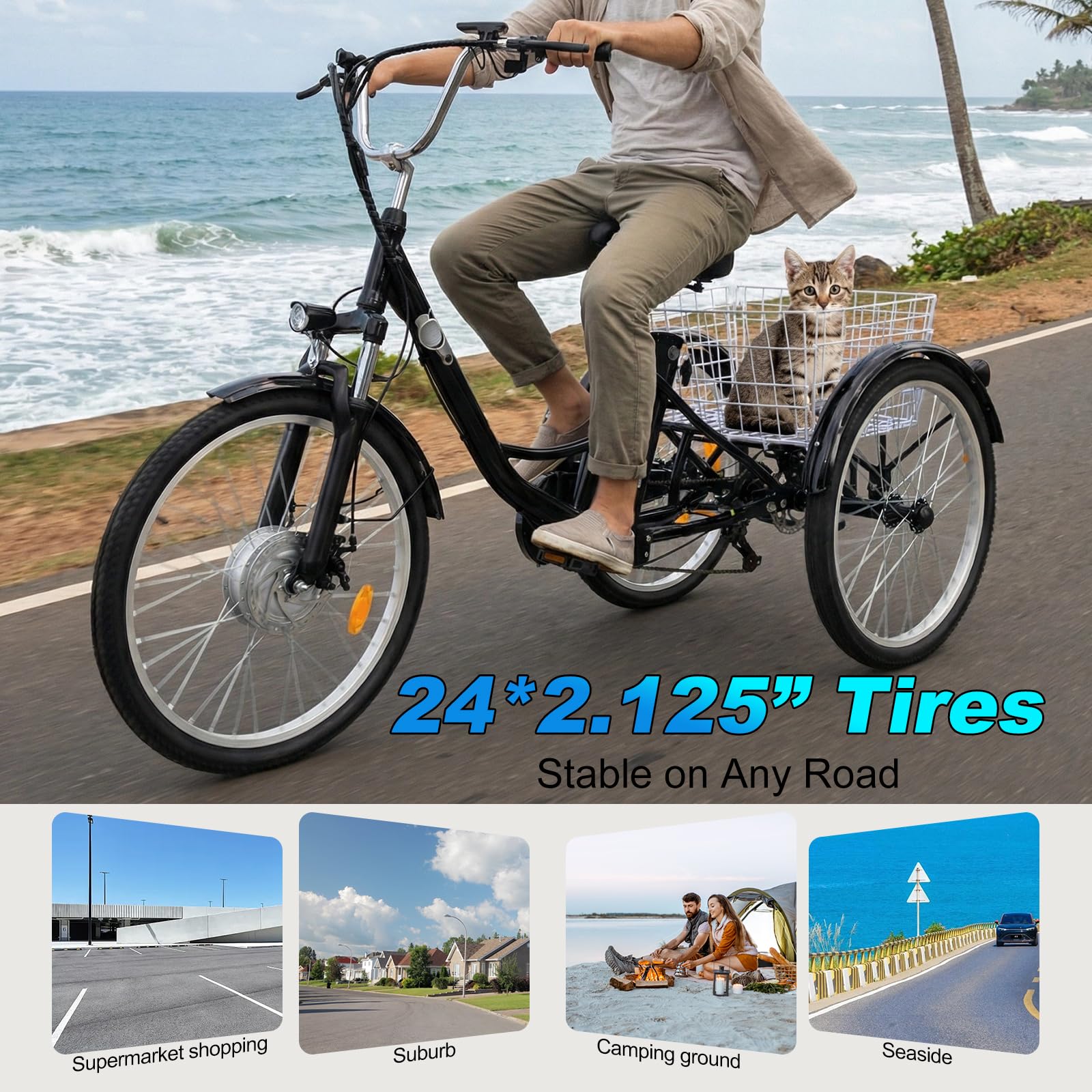 24 Zoll Elektrisches Dreirad für Erwachsene, 3-Rad-7-Gang-Seniorenfahrrad mit Einkaufskorb, mit G51 LCD-Display, 36V 15Ah Senioren-Transportdreirad, Outdoor Fahren Dreirad Freizeit Cityräder