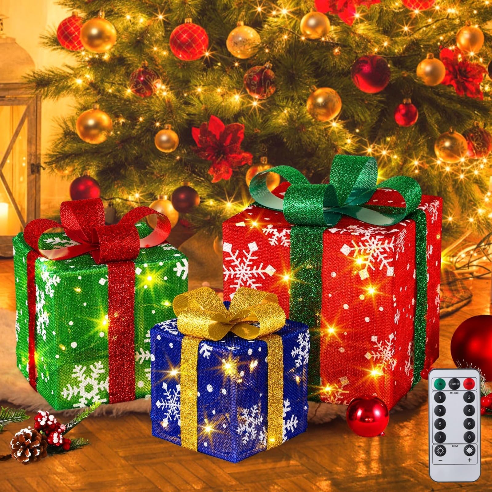 Set di 3 scatole regalo illuminate per Natale, decorazioni natalizie illuminate a LED con fiocchi, perfette per uso interno ed esterno