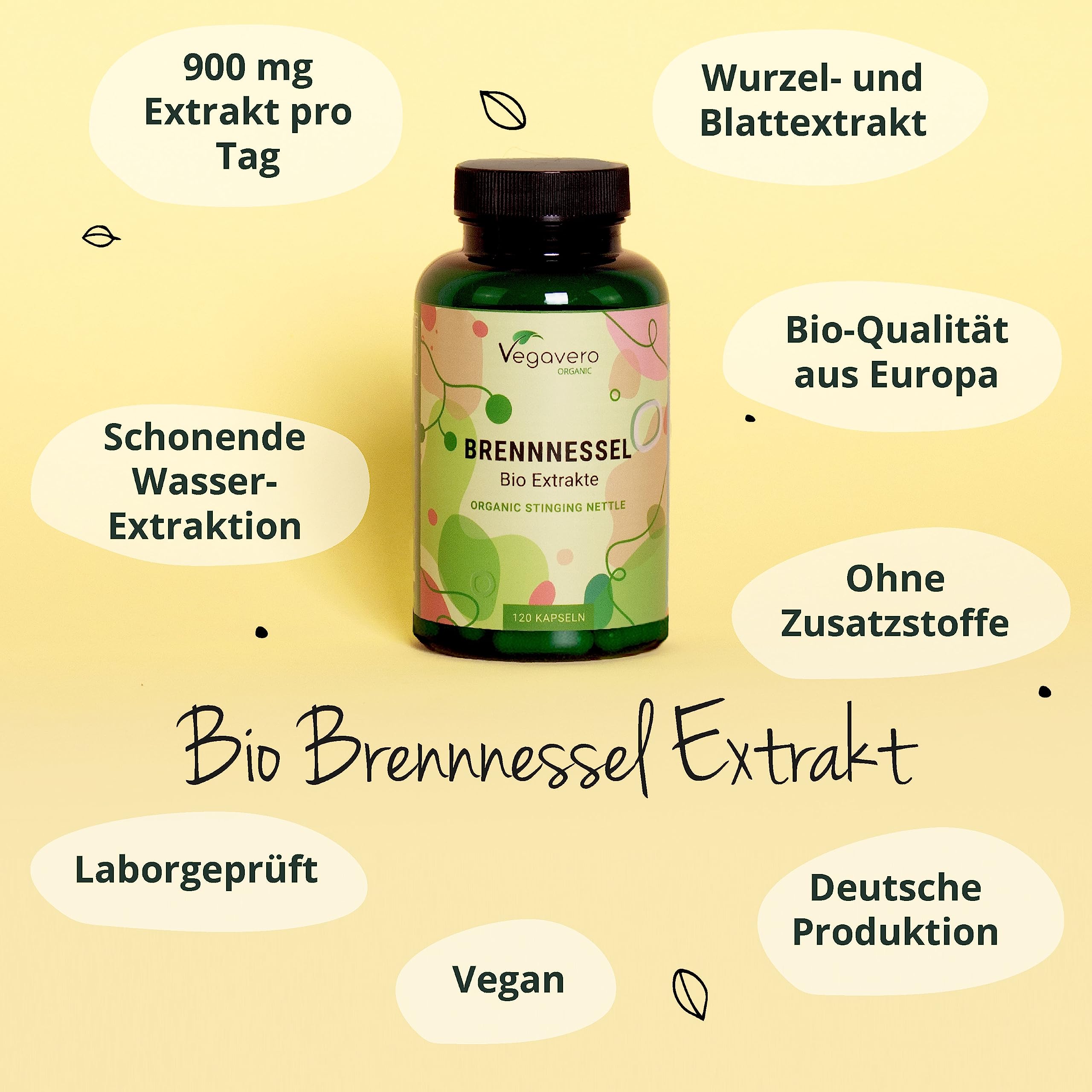 Bio Brennnessel Kapseln hochdosiert | 100% Rohstoffe aus Europa | 900 mg Extrakt aus Wurzel + Blatt | Laborgeprüft | 120 Stück | Vegan und ohne Zusatzstoffe | Deutsche Produktion von Vegavero