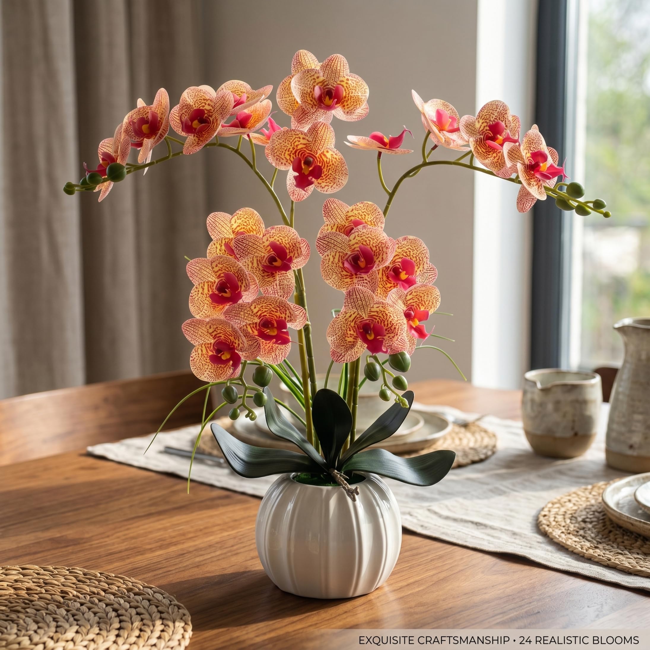 Latemeia Orchid in Pot, 45cm Orchids Artificial Flowers with Pot, Faux Potted Plant for Home Office Decorations (Orange)