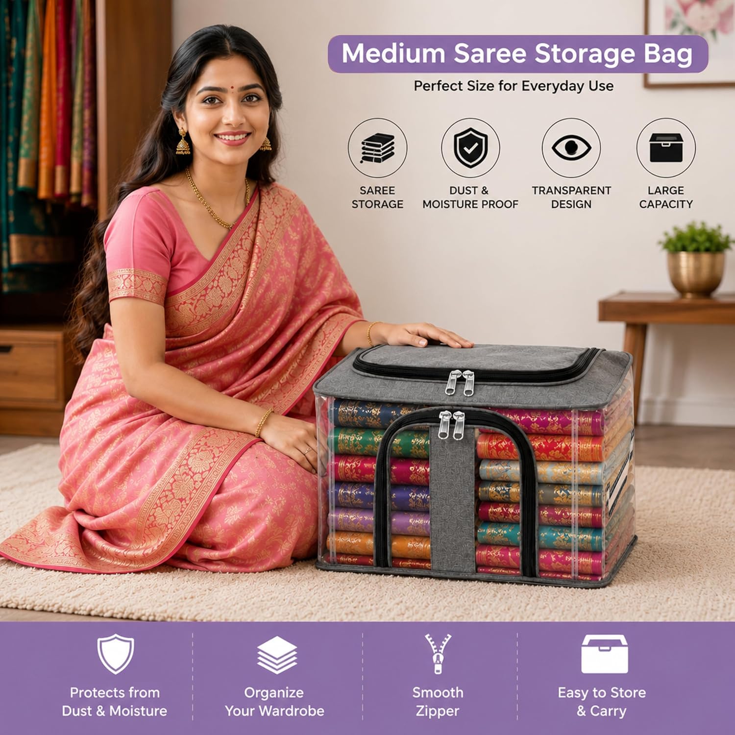 Storite 4 Pack Nylon 33 L PVC Transparent Storage box for Clothes