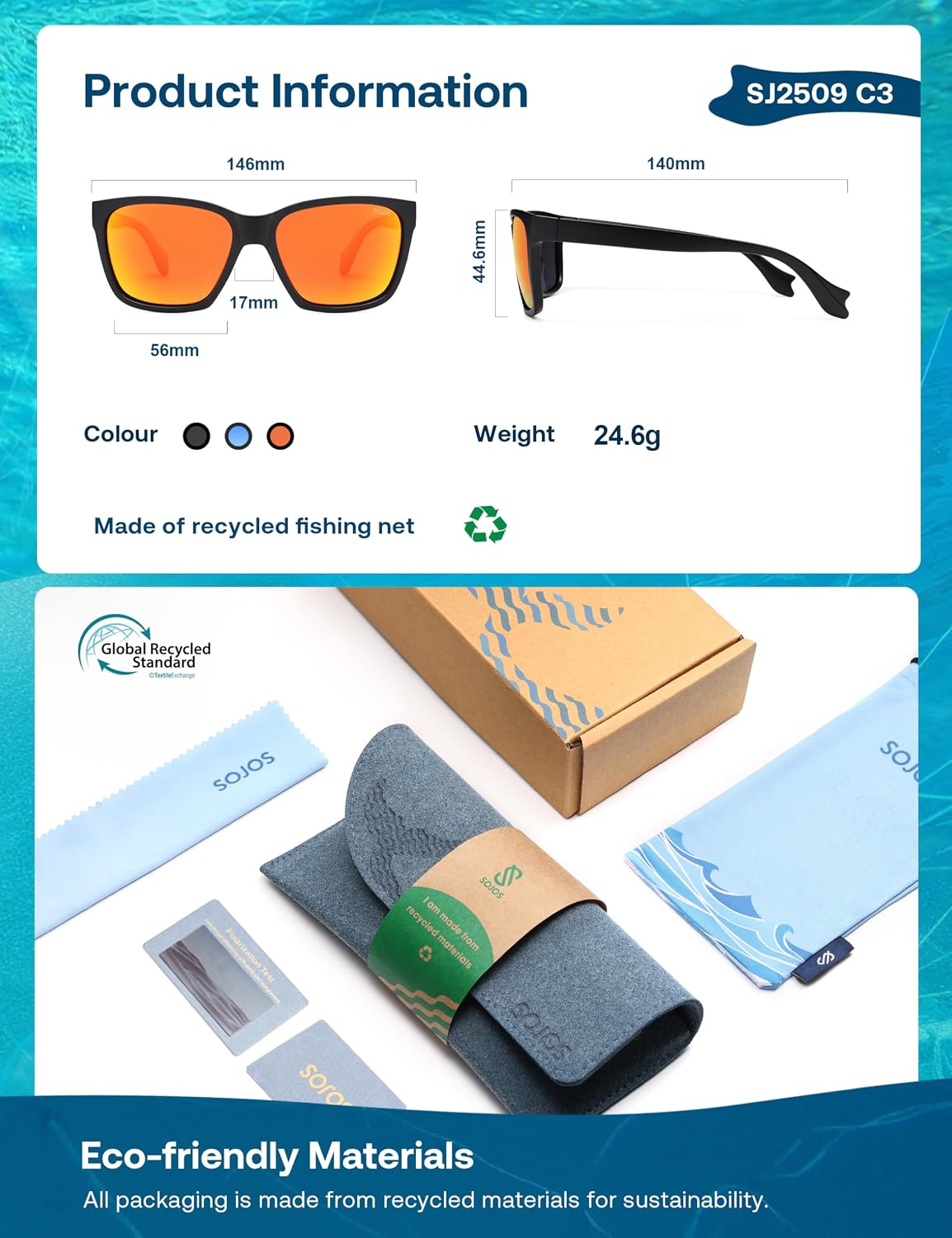SOJOS Ocean Collection Polarized Sunglasses Men Square Recycled Fishing Net frame Eco-Friendly UV400 Shades, Pacific Ocean
